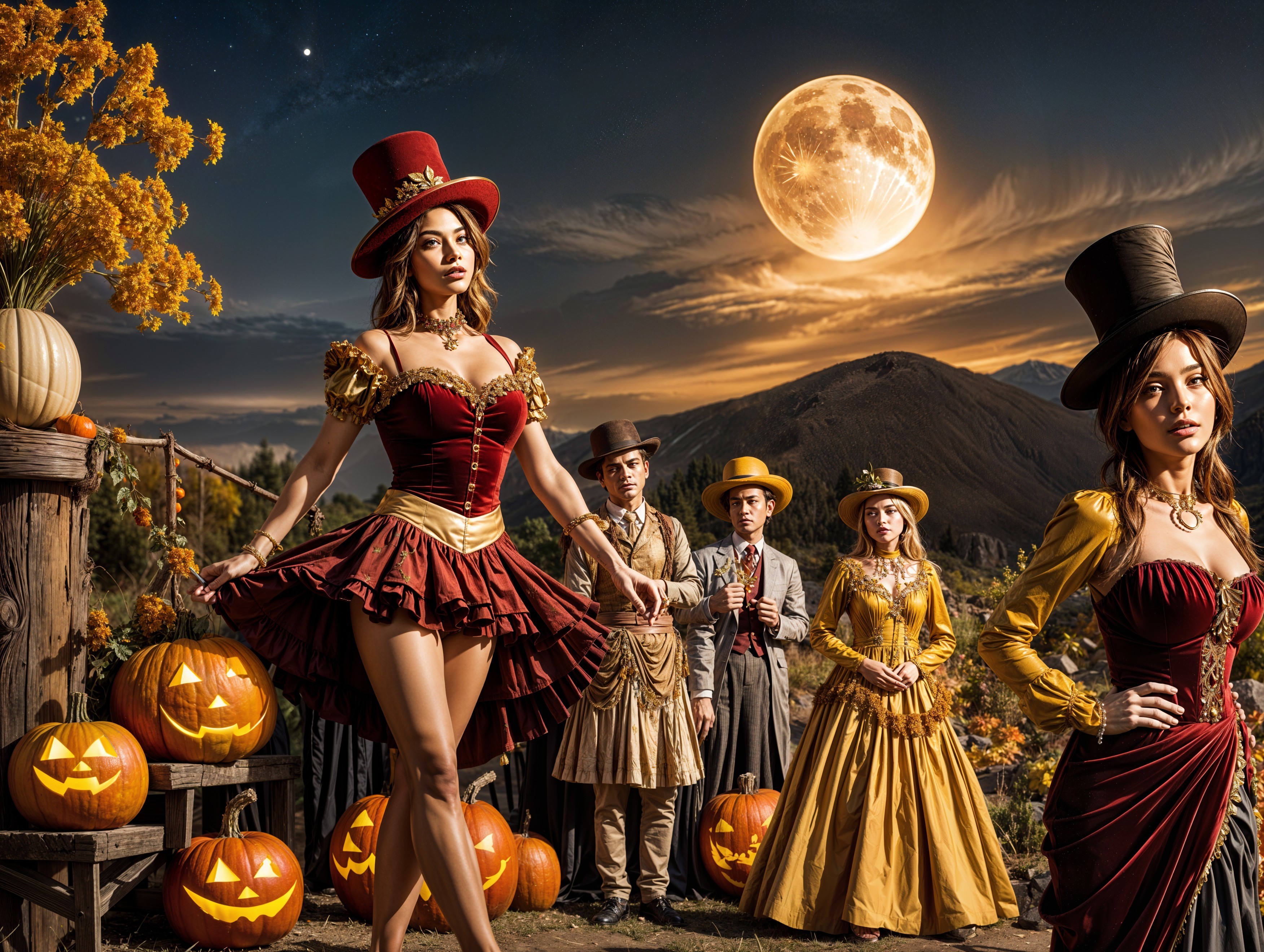 Autumn Scene with Vintage Costumes in Pumpkin Patch