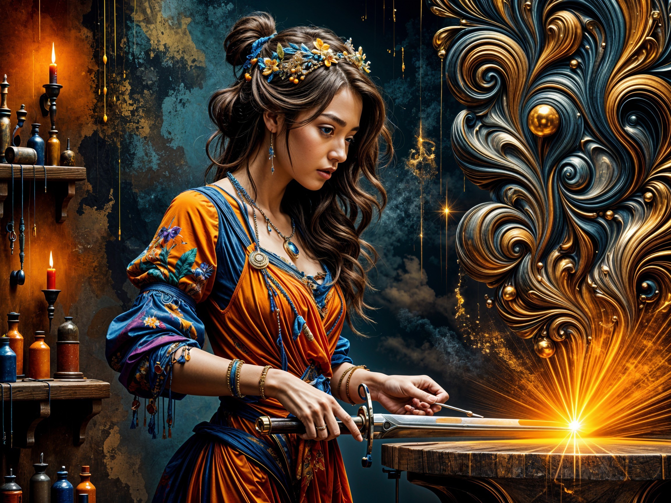 Mystical Woman in Vibrant Dress with Sword and Light