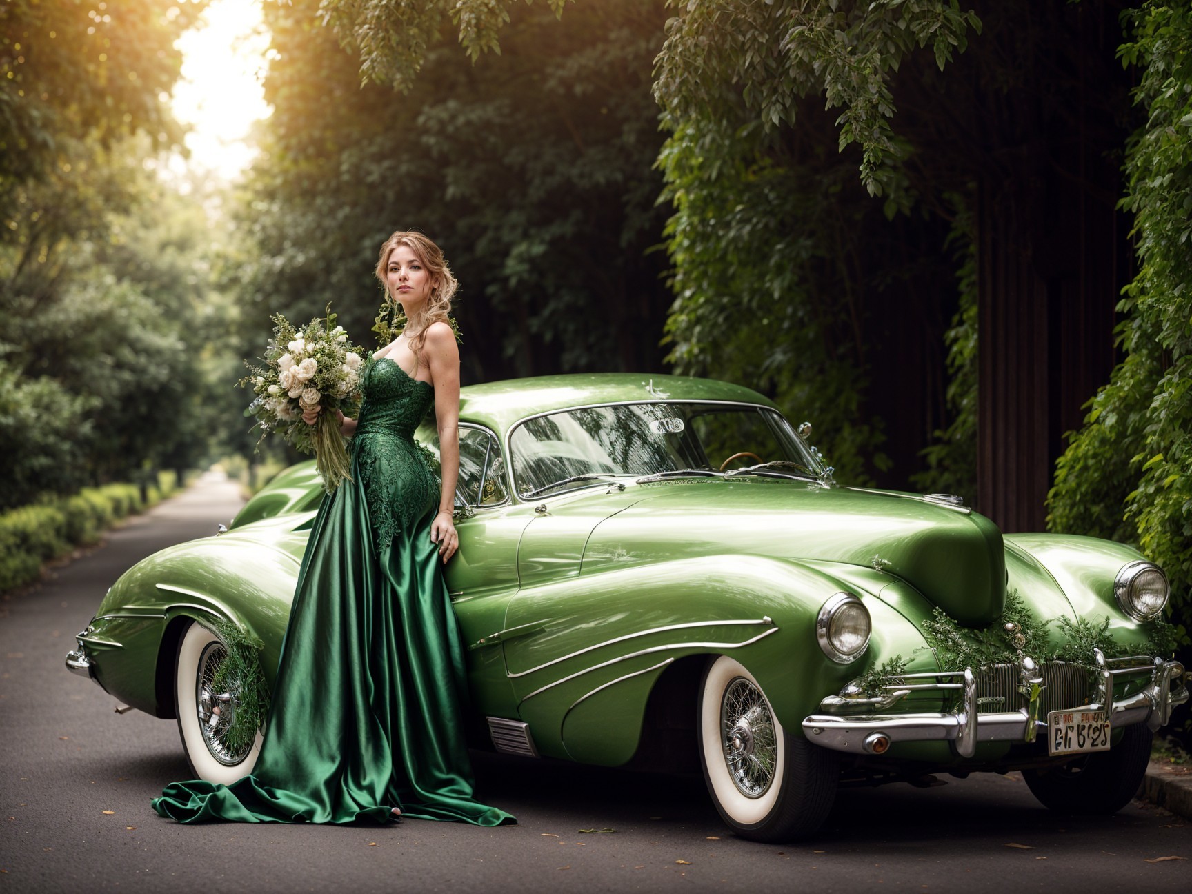 Elegant woman in green gown beside vintage car