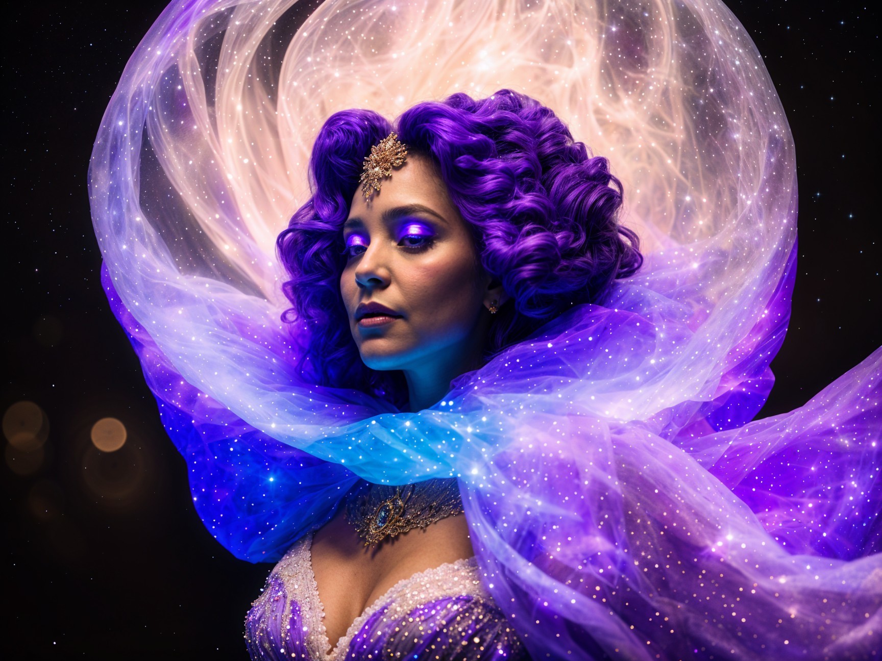 Woman with Purple Curls in Cosmic Glow Background