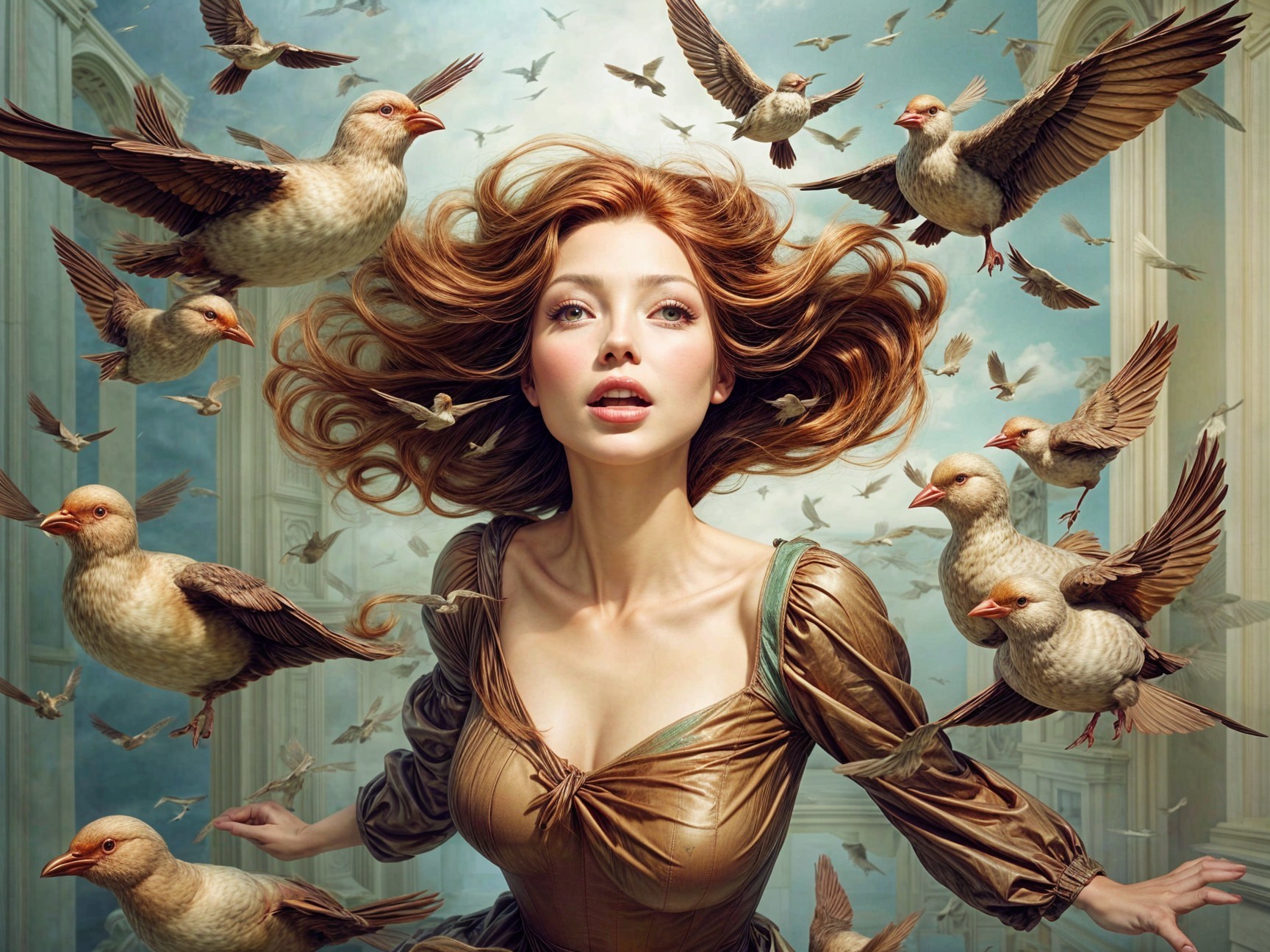 Young Woman in Brown Gown Surrounded by Flying Birds