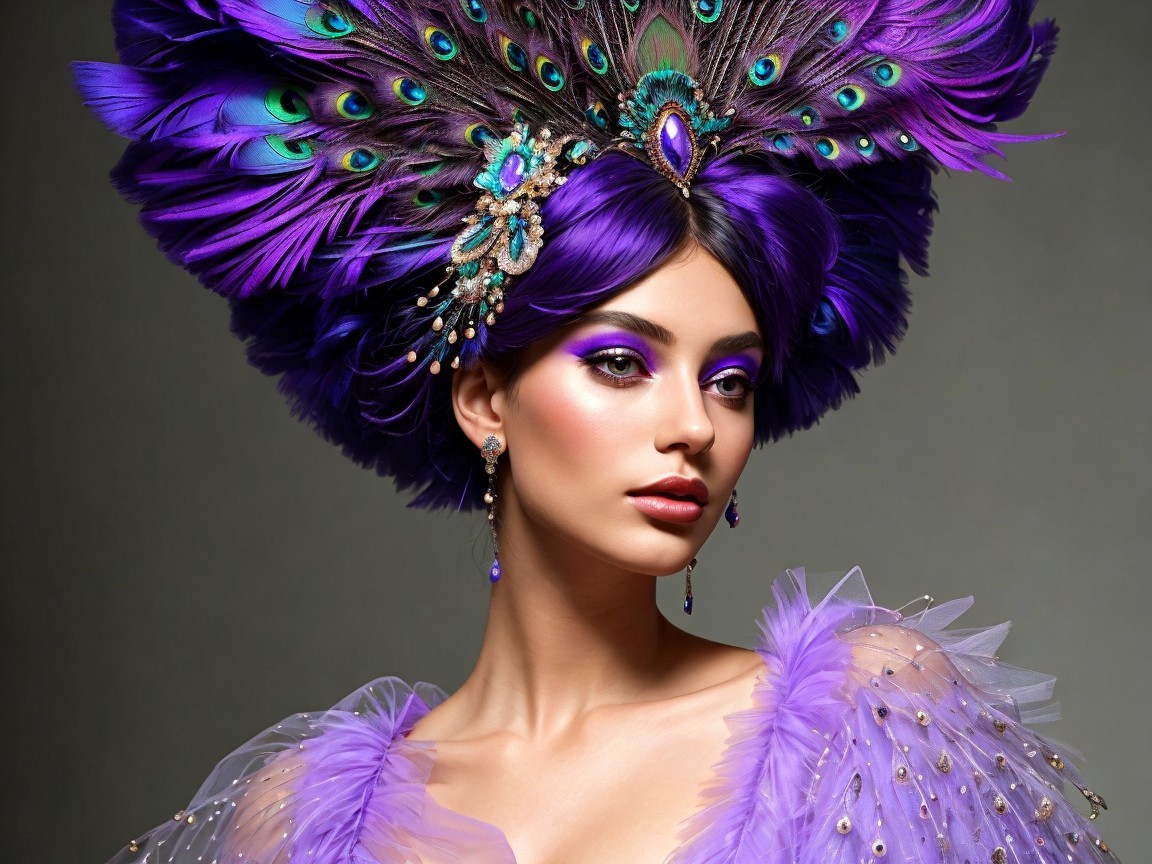 Portrait of a model with vibrant purple headdress and makeup