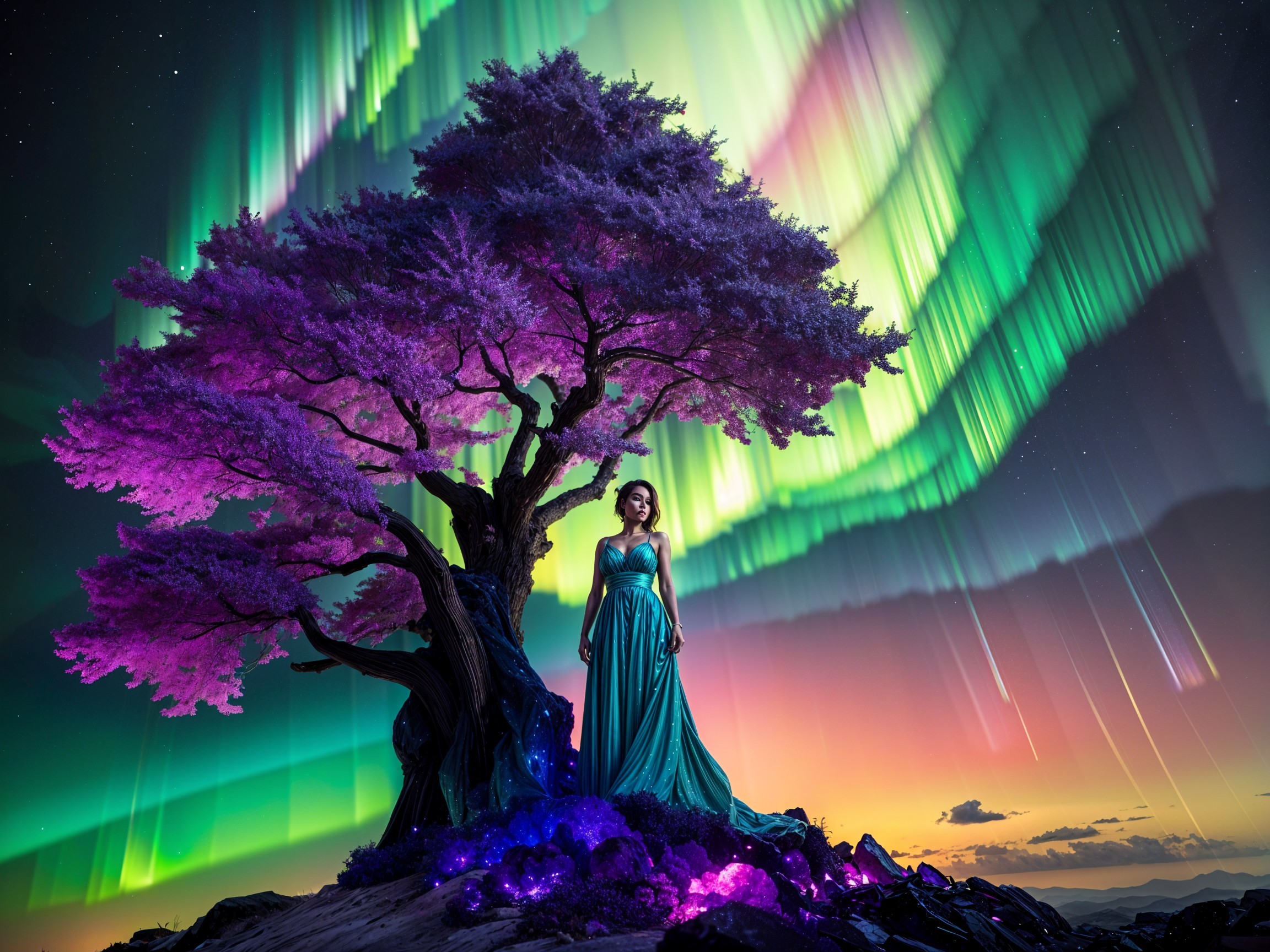 Nighttime Landscape with Gnarled Tree and Aurora Borealis