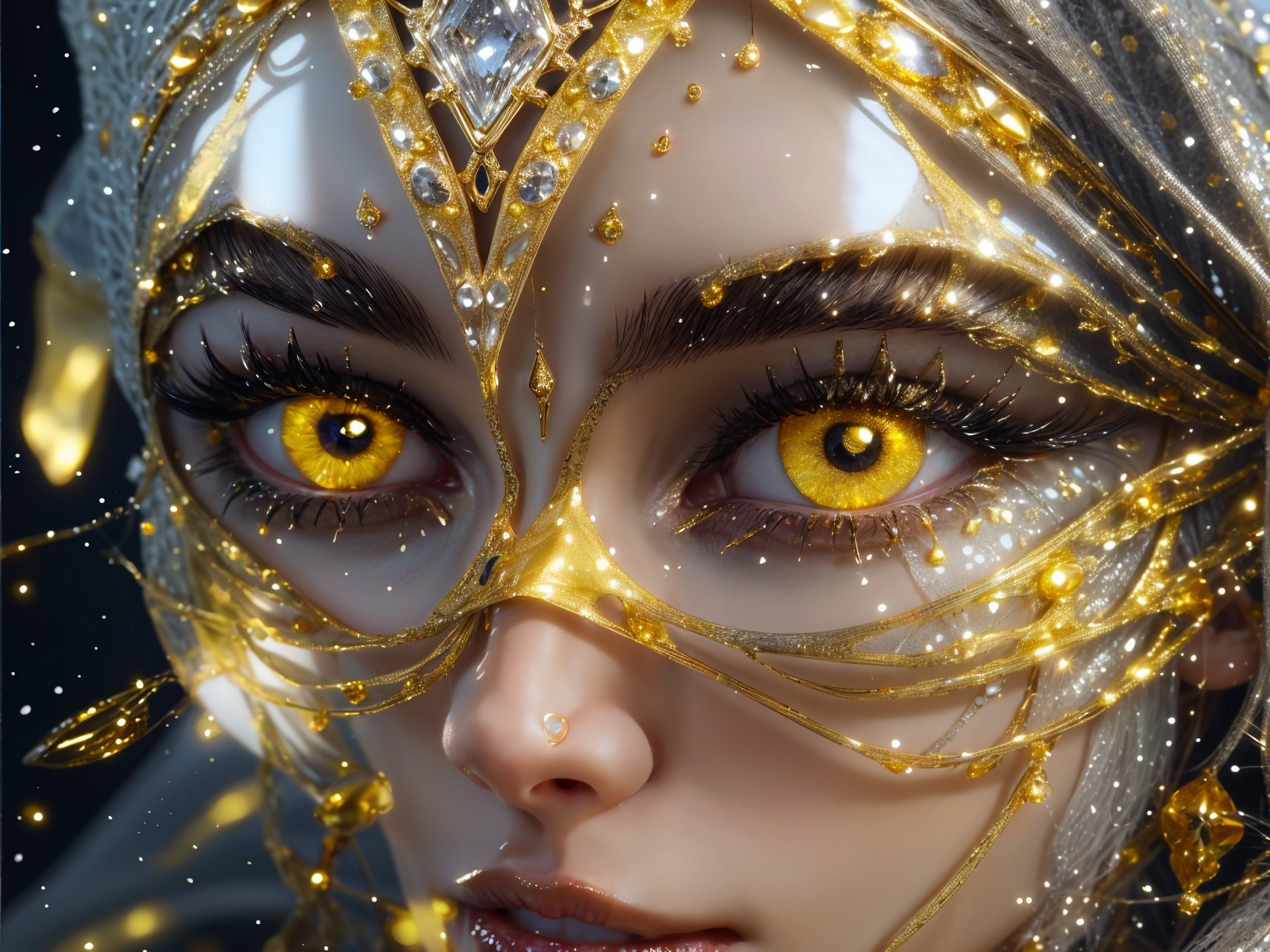 Close-up of a character with golden eyes and mask