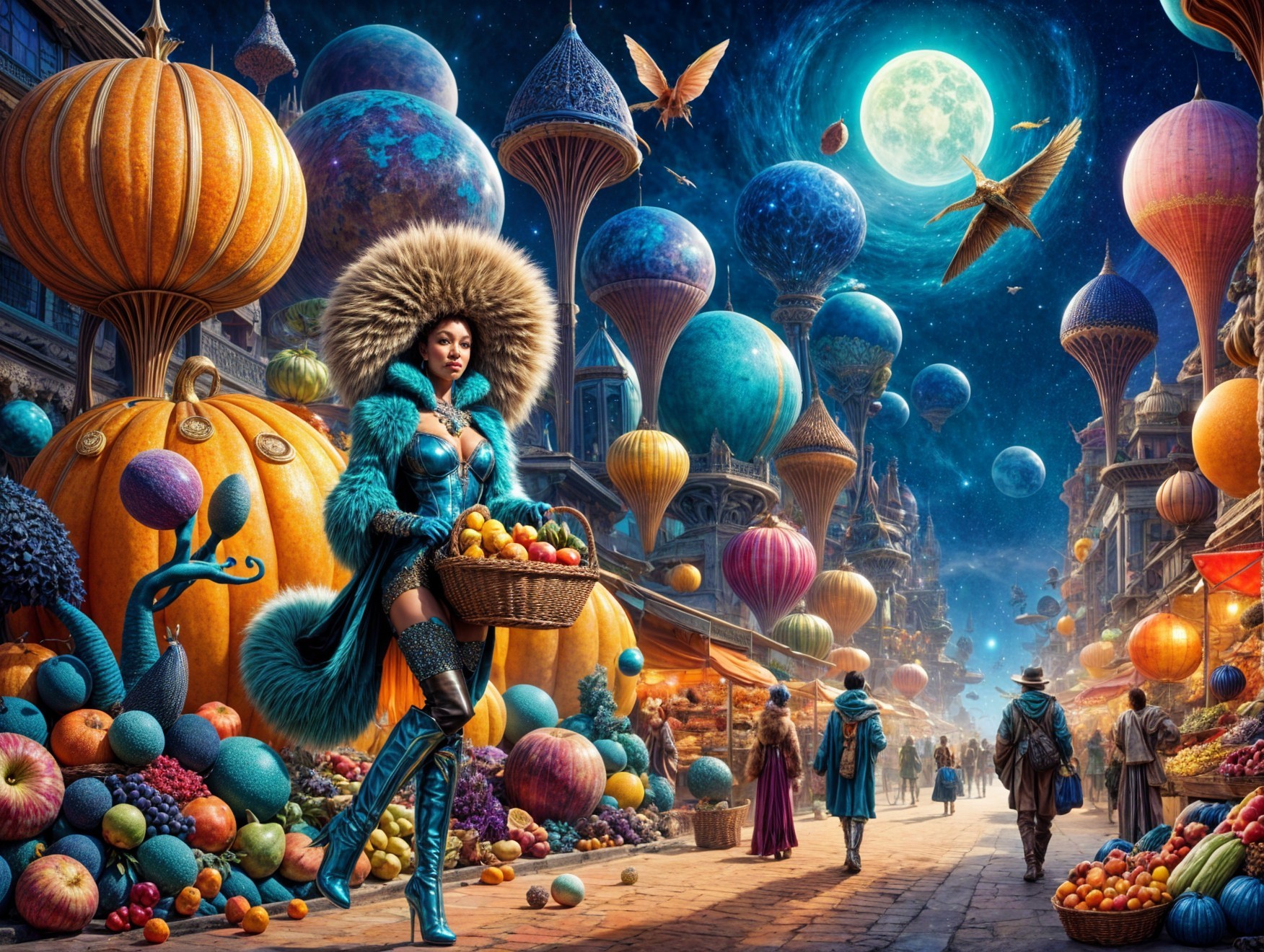 Moonlit Marketplace with Fruits and Floating Balloons