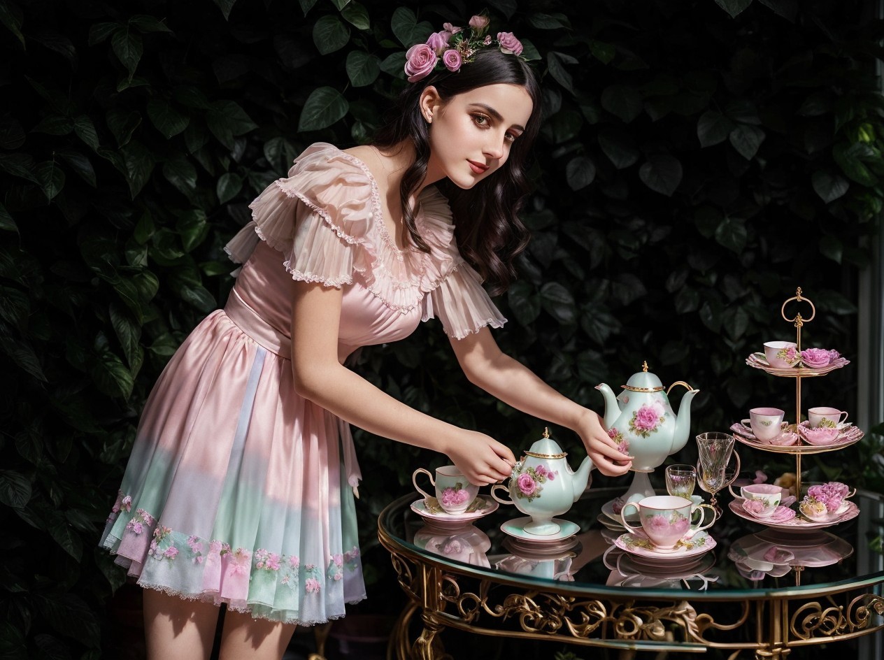 Young Woman in Floral Dress Pours Tea at Elegant Table