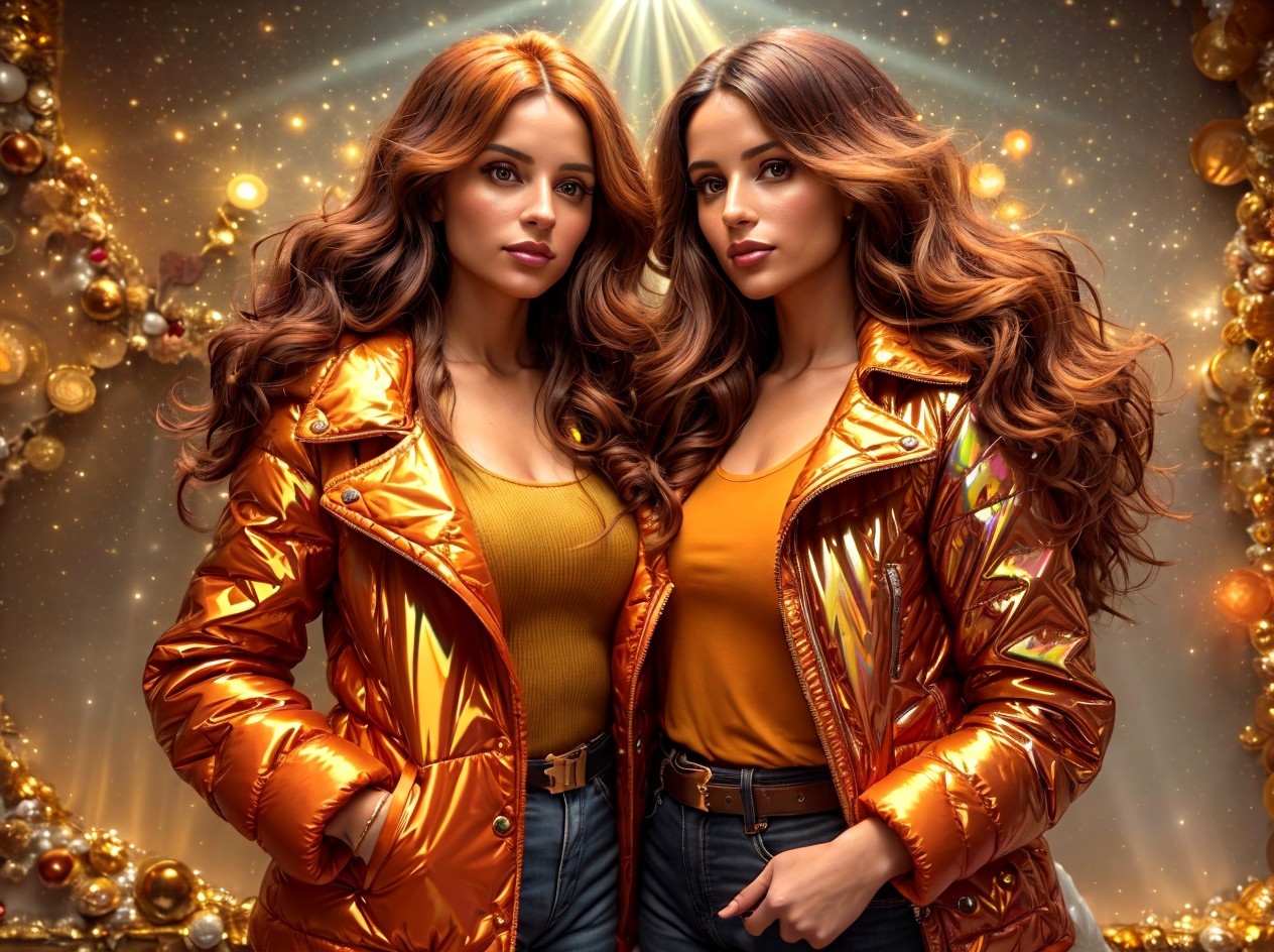 Two women in golden jackets and yellow tops with auburn hair