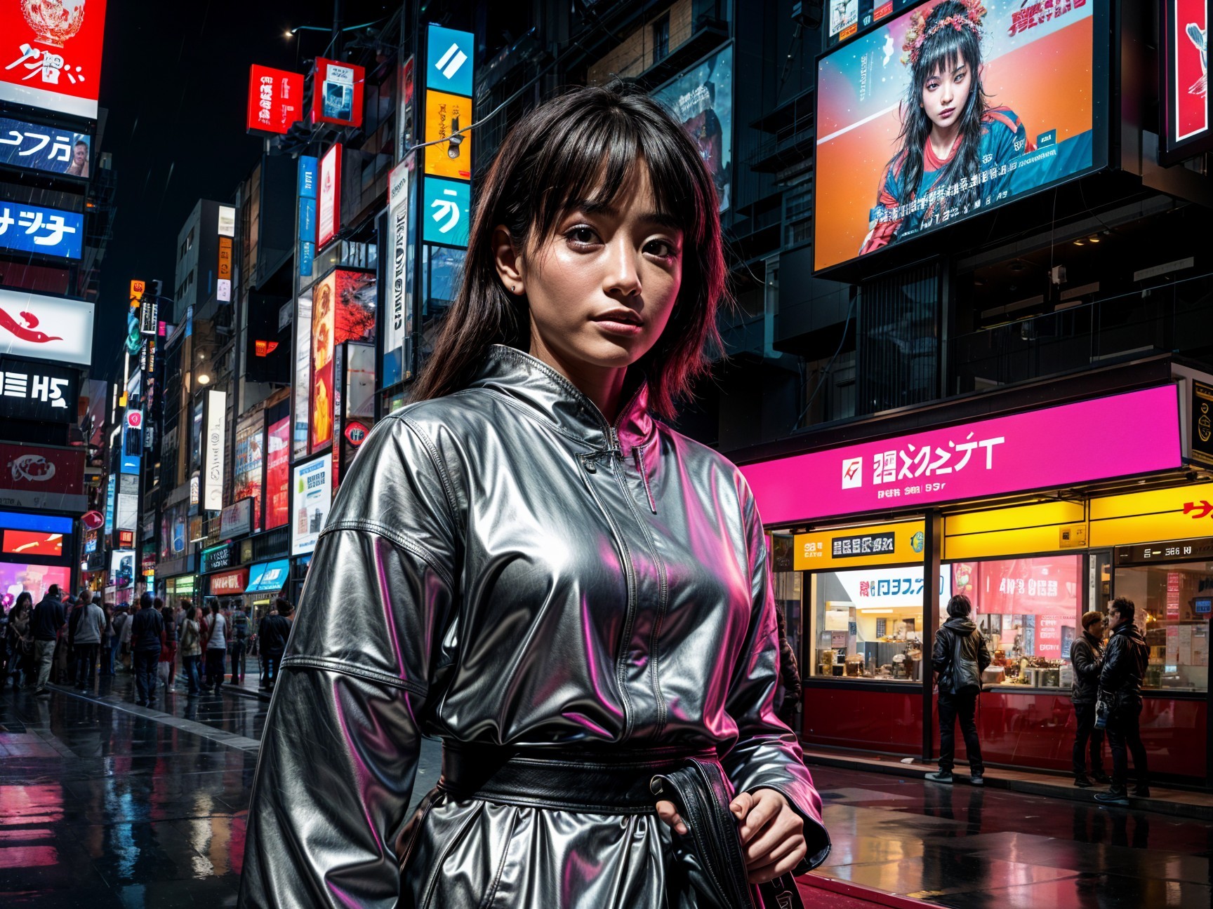 Young Woman in Silver Jacket in Neon Urban Scene