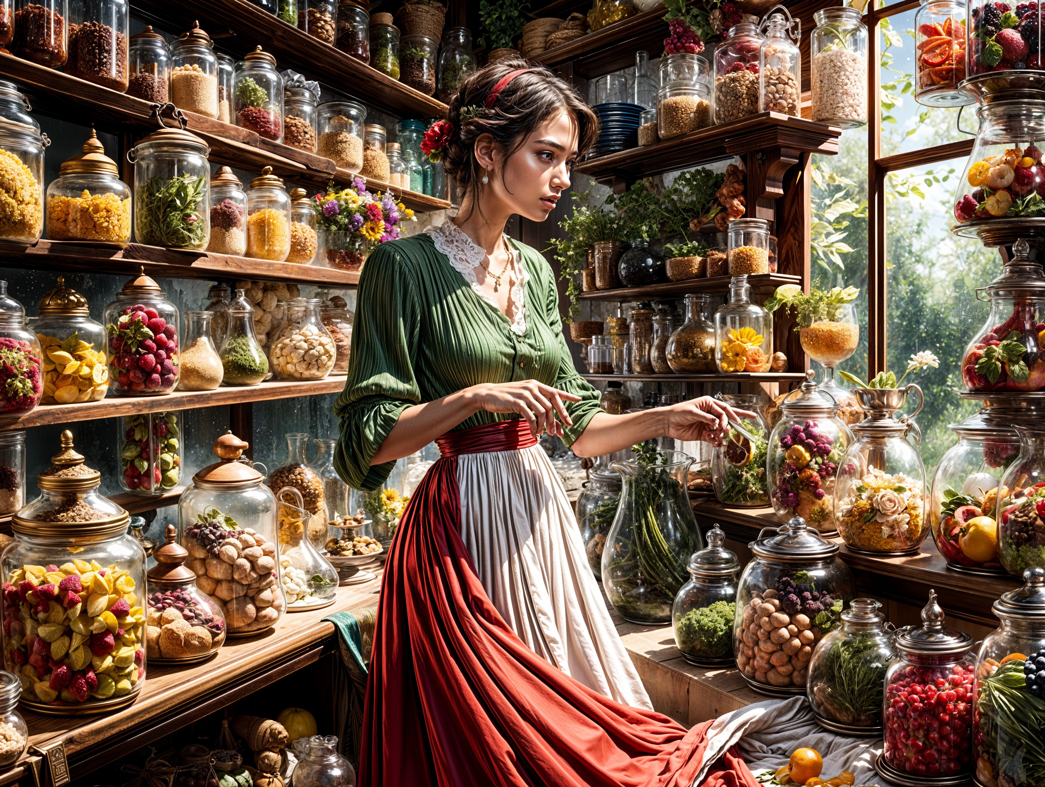 Apothecary Scene with Colorful Ingredients and Sunlight