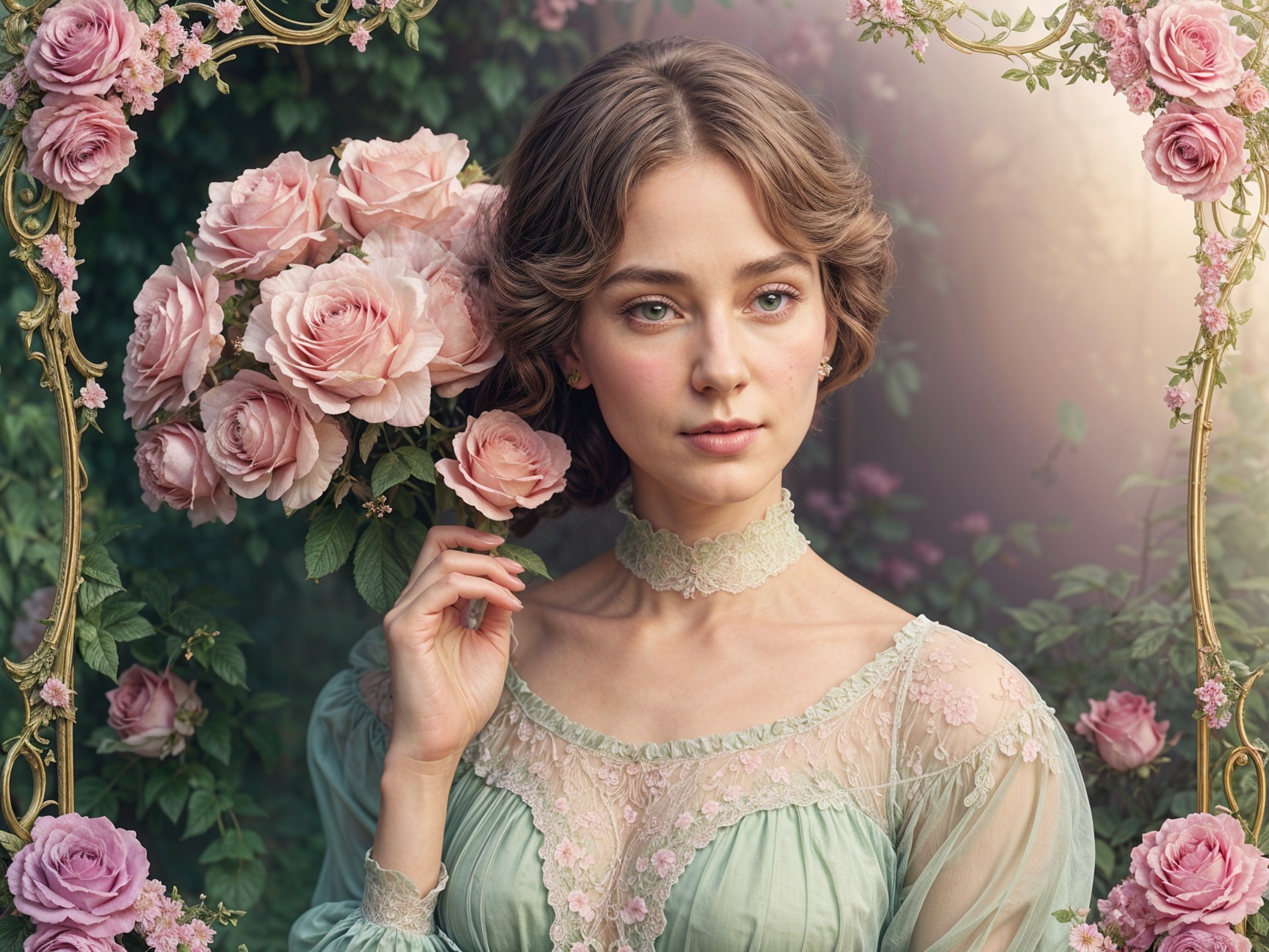 Woman in mint-green gown with pink roses in garden