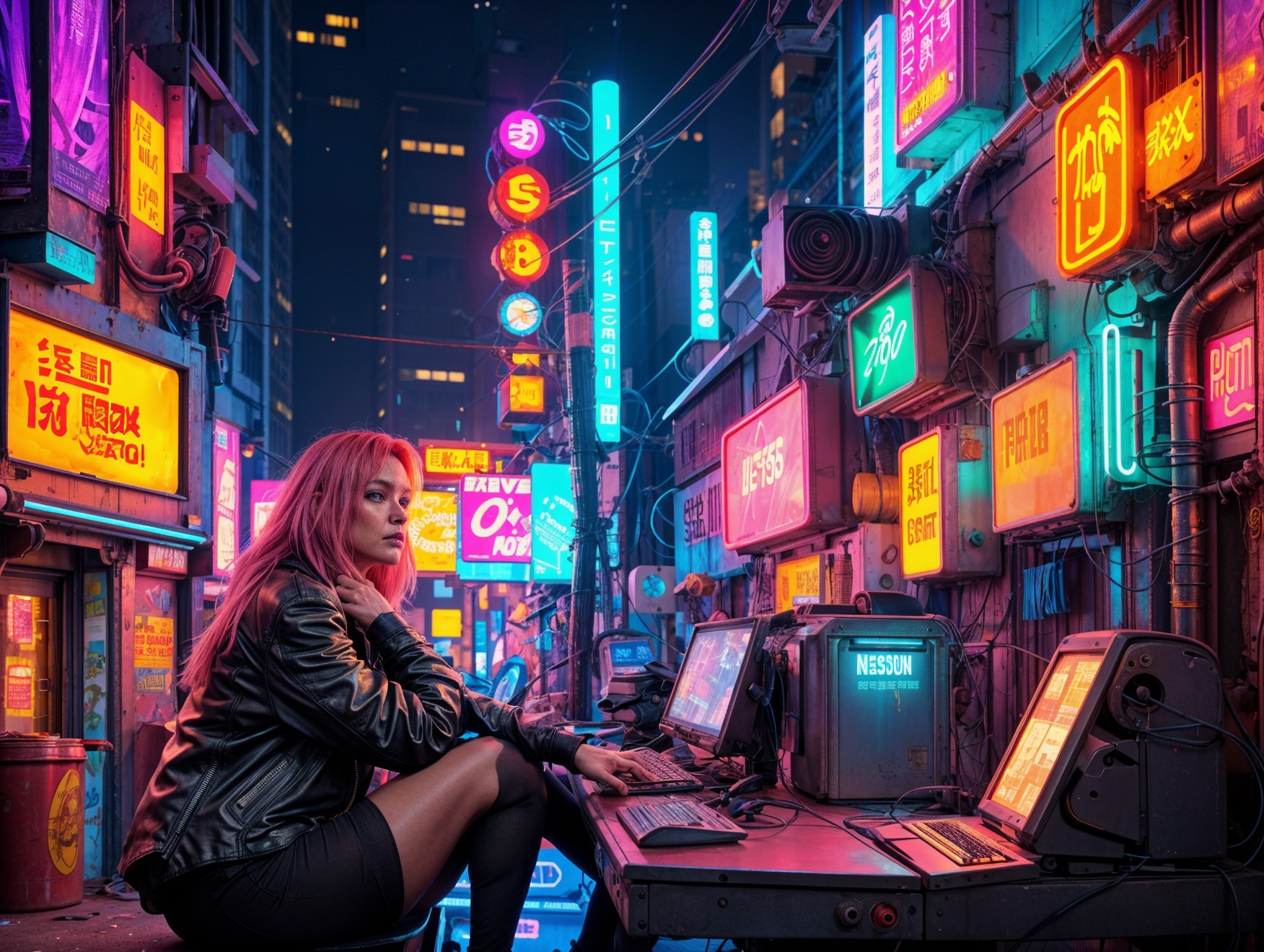 Futuristic Cyberpunk Scene with Woman and Neon Signs