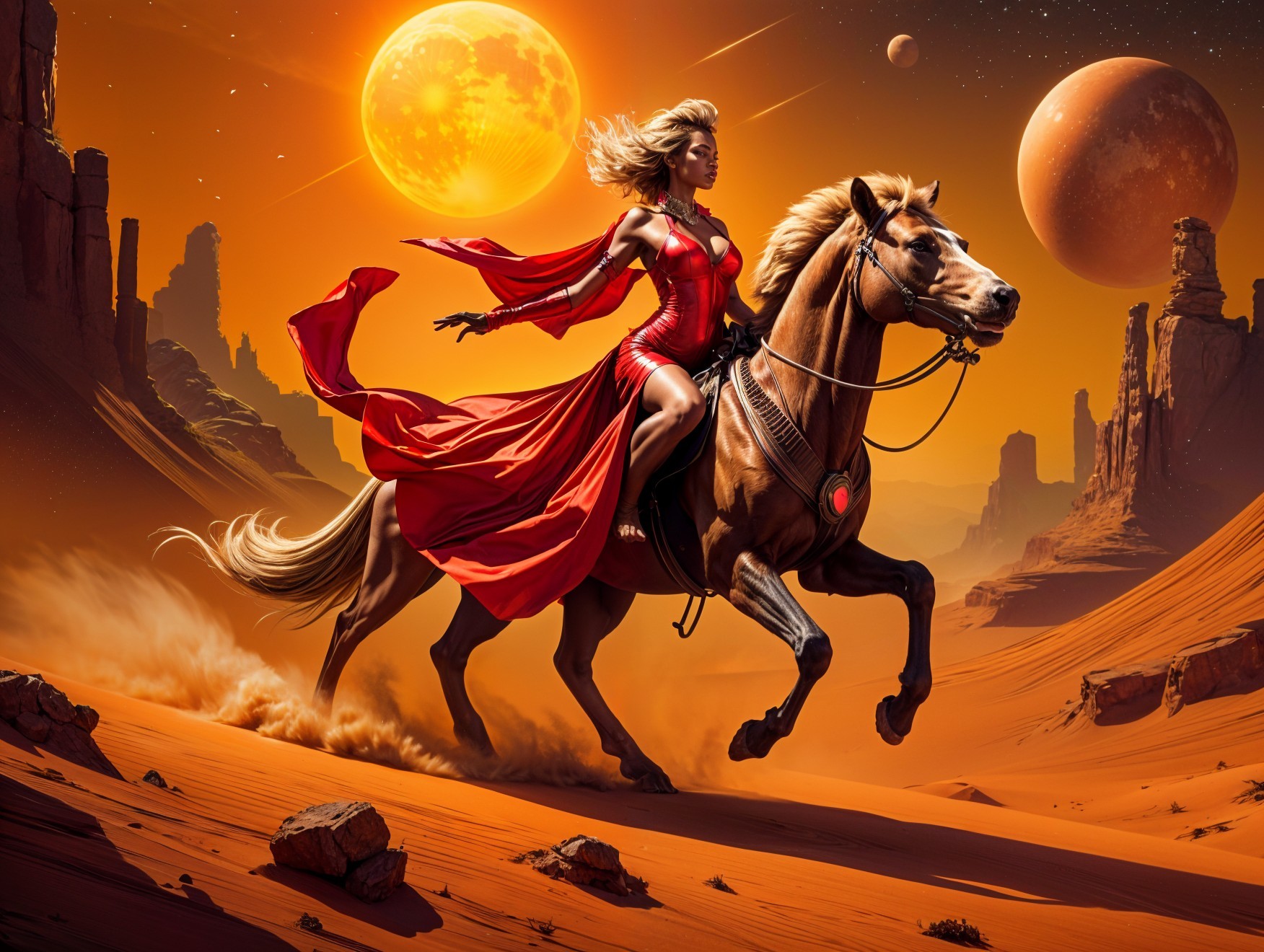 Fierce Warrior Woman Riding in a Surreal Desert Scene