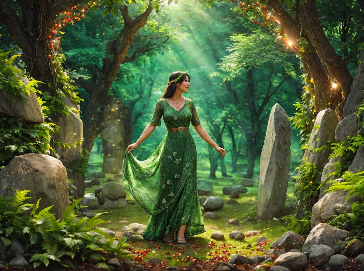 Woman in green dress on sunlit forest path