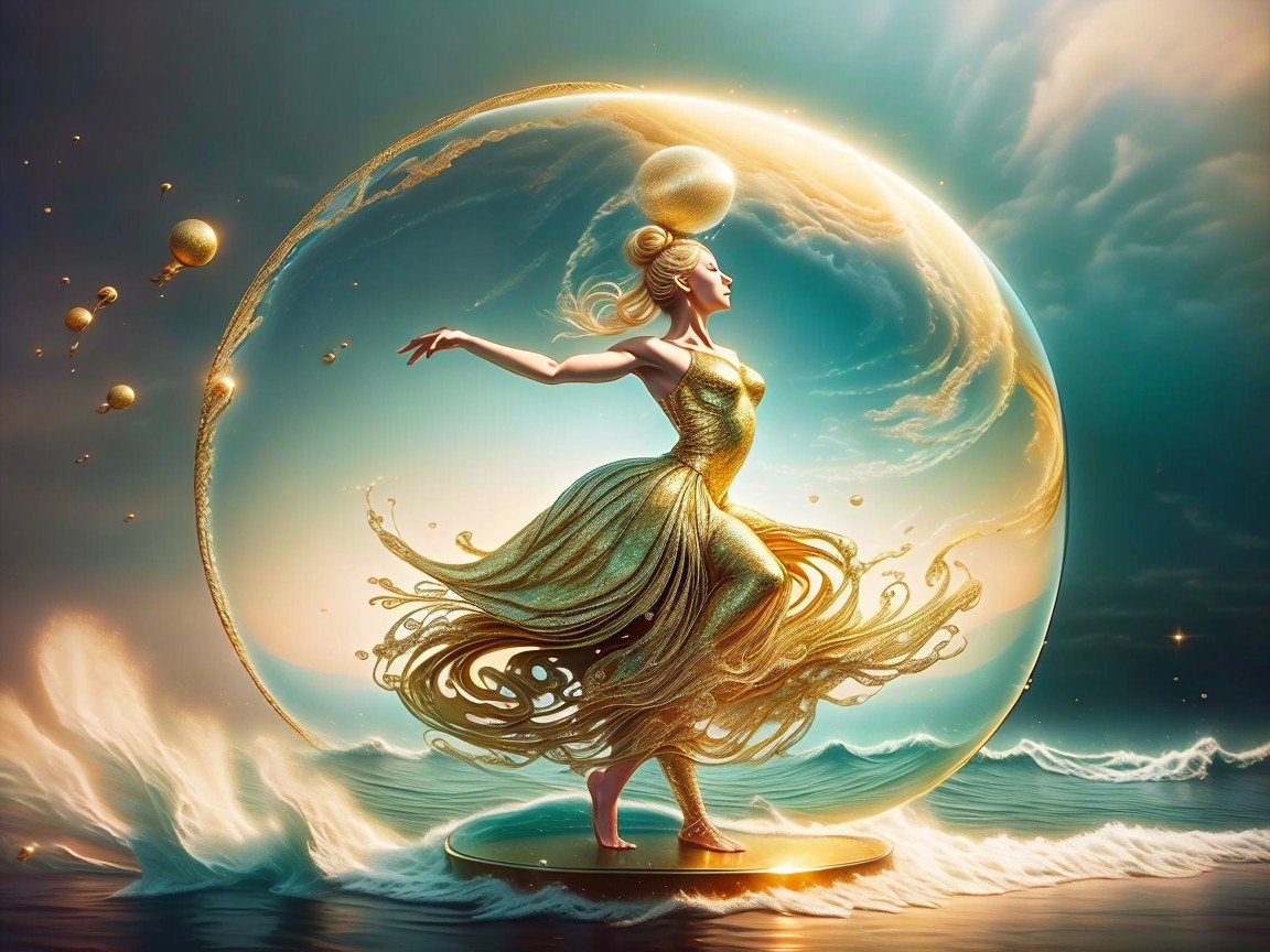 Surreal Digital Artwork of Woman in Golden Gown