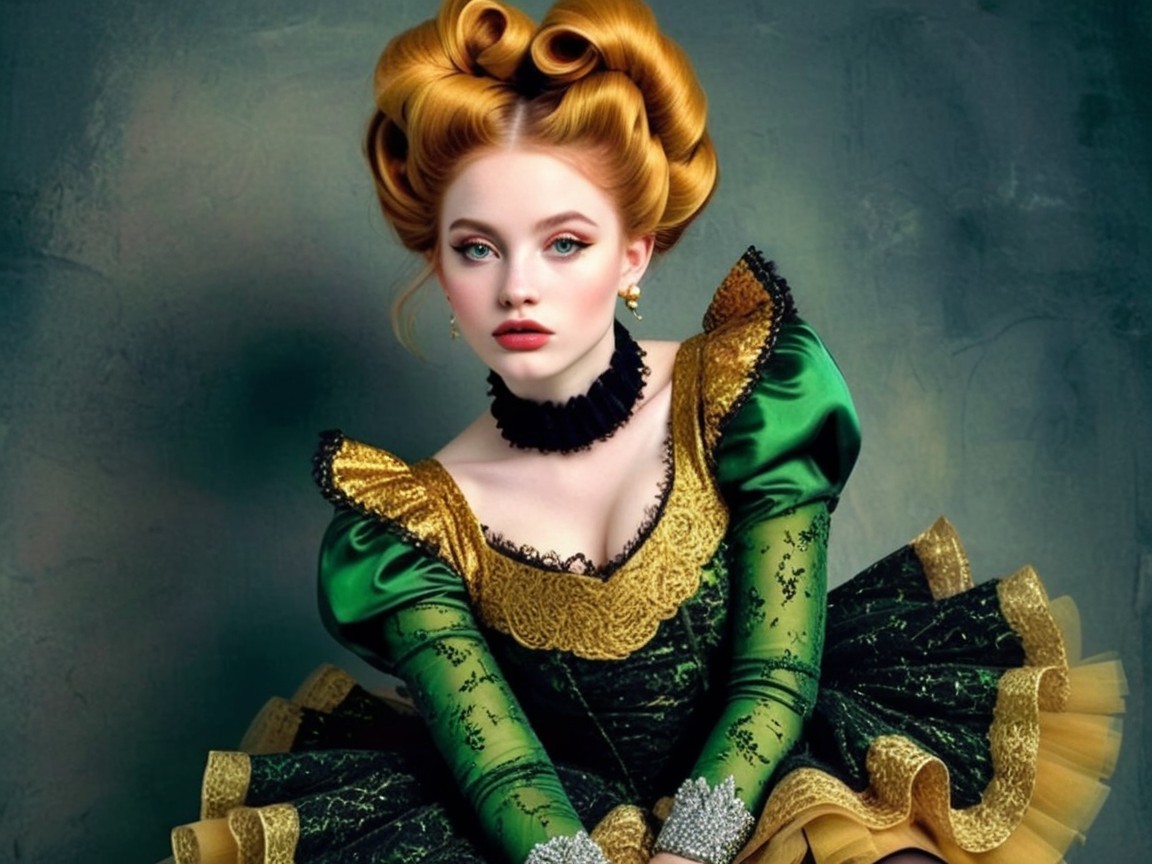 Elegant woman in lavish green dress with gold lace