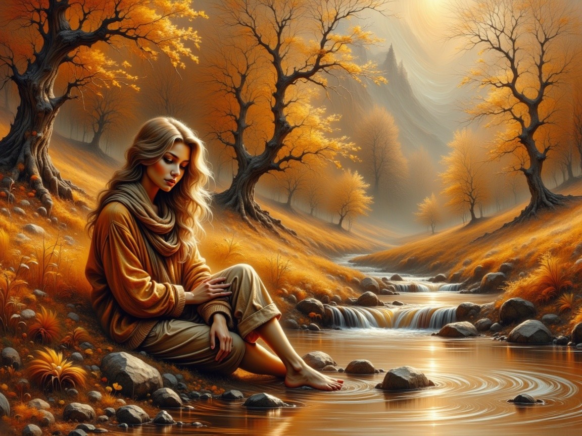 Autumn Landscape with a Woman by a Flowing Stream