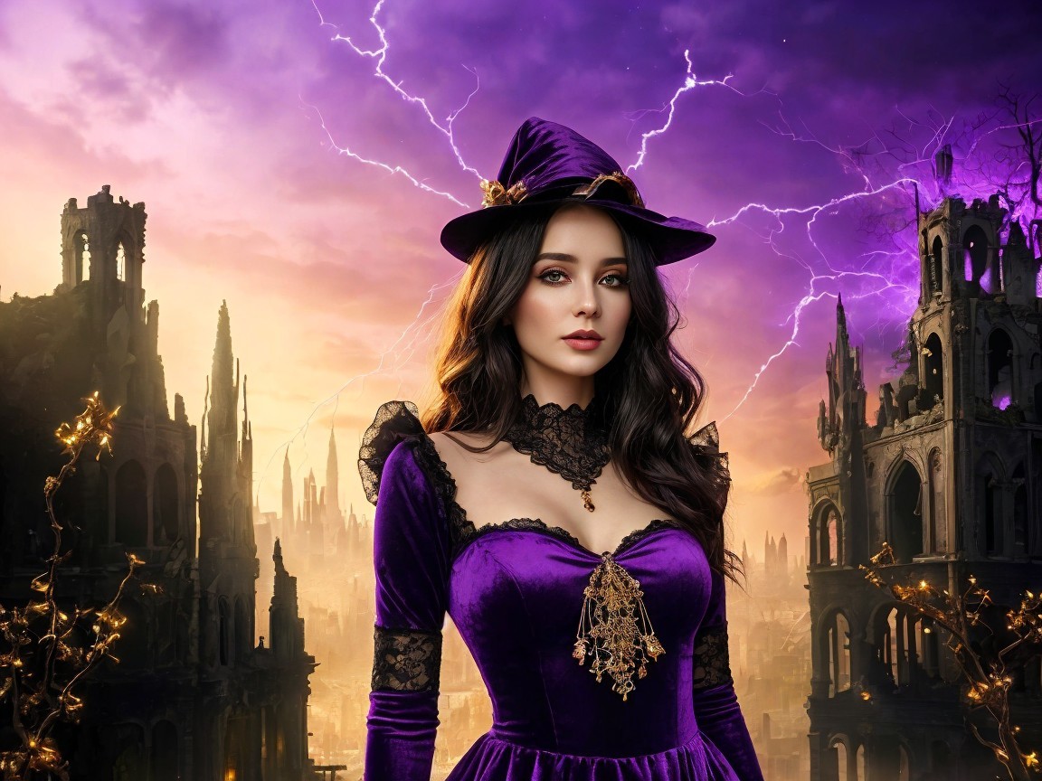Mystical Witch in Dramatic Landscape with Ruins