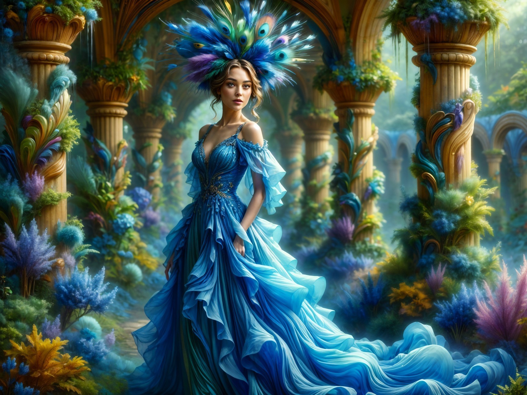 Young woman in blue gown in vibrant garden setting