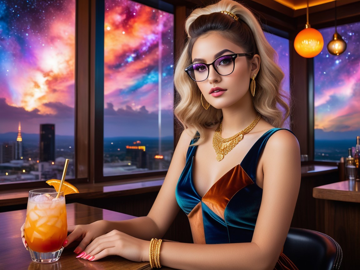 Blonde Woman in Navy Dress Enjoys Cocktail at Bar