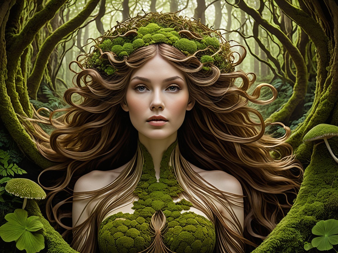Ethereal figure adorned with moss and foliage in nature