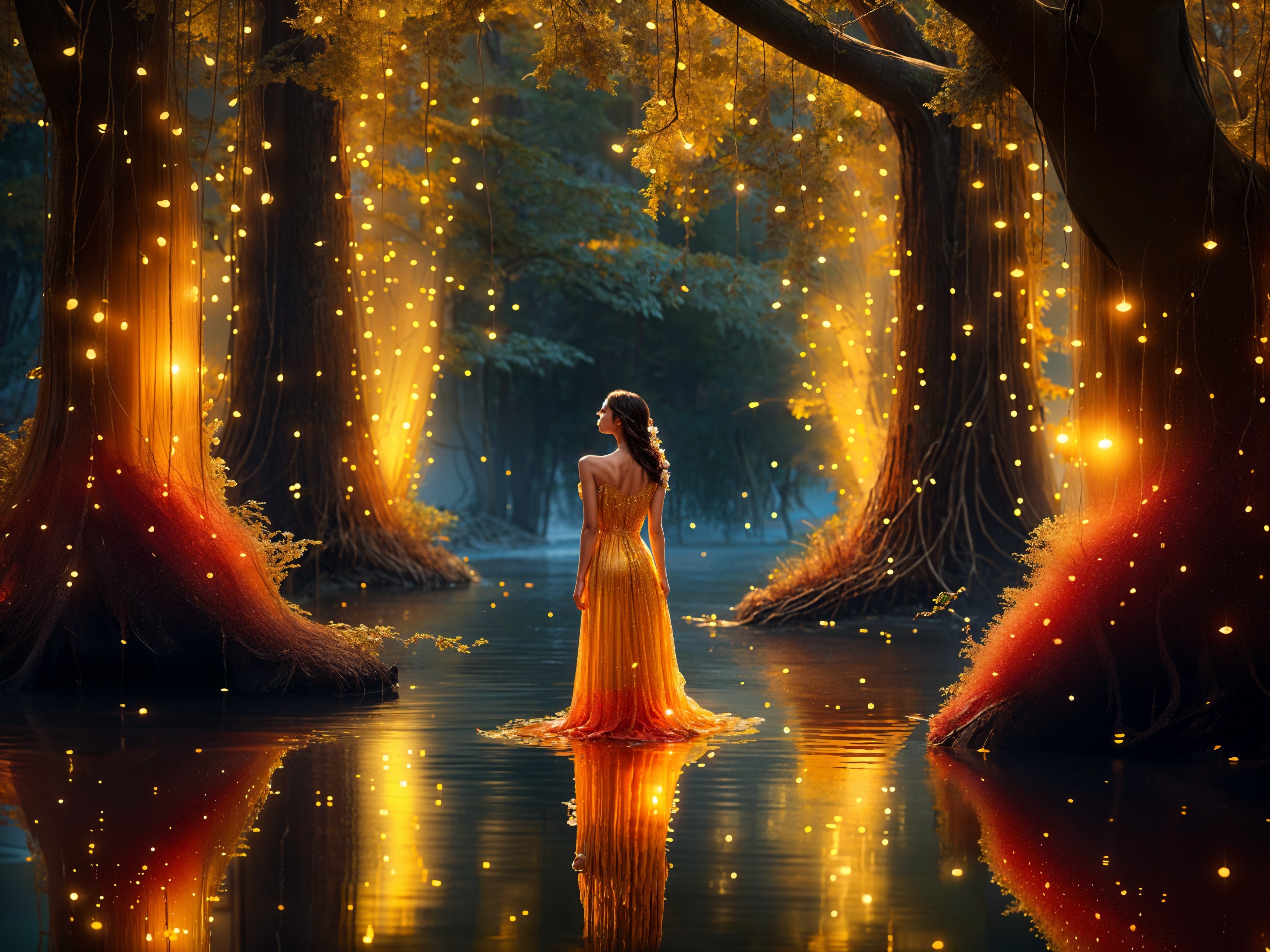 Mystical Forest Scene with Woman in Yellow Gown