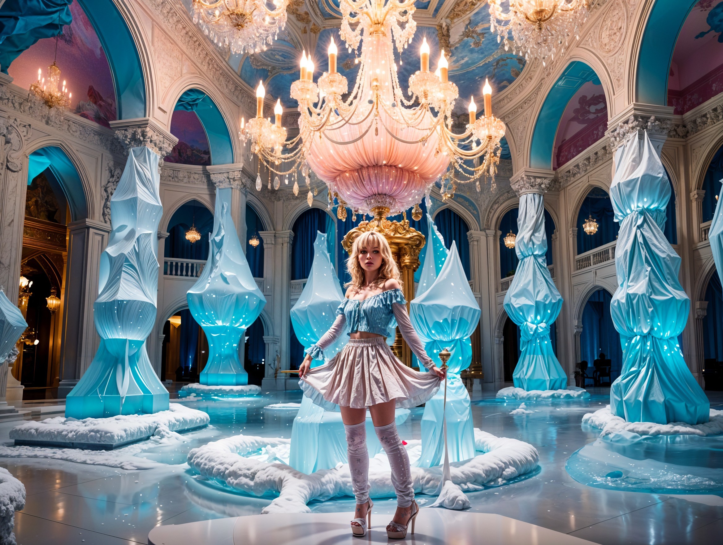 Royal Hall with Blue and White Decor and Young Woman