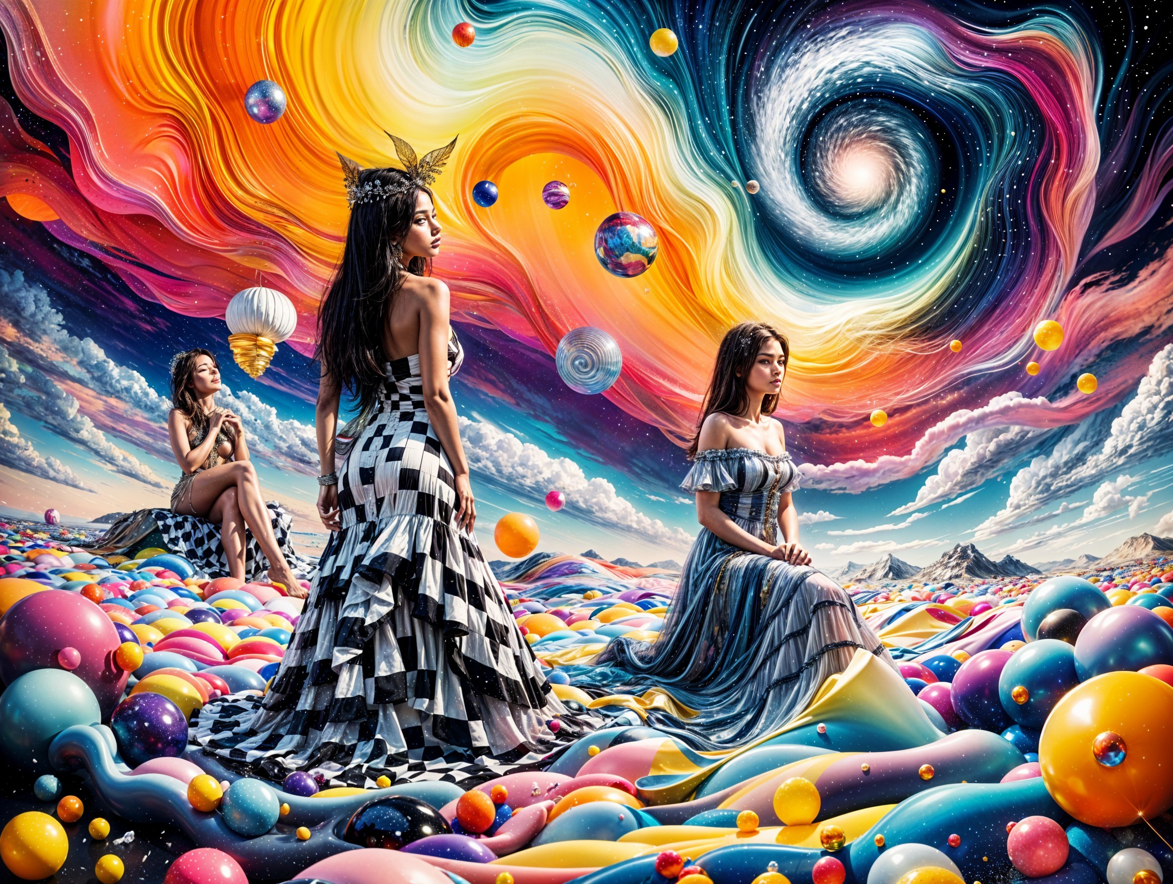 Three Women in Elaborate Outfits Against Cosmic Backdrop