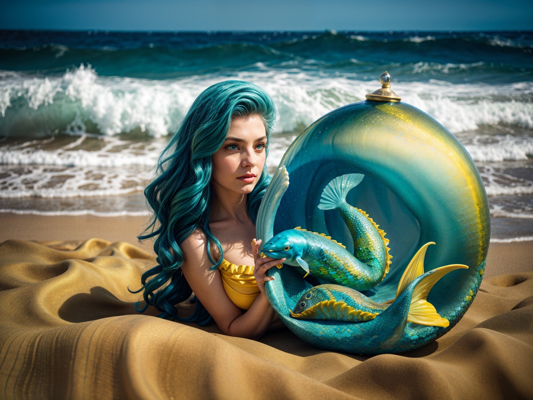Young woman with turquoise hair on sandy beach