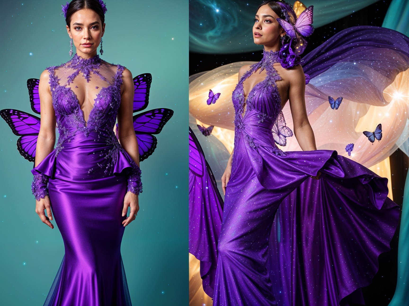 Model in Shimmering Purple Gown with Butterfly Motifs