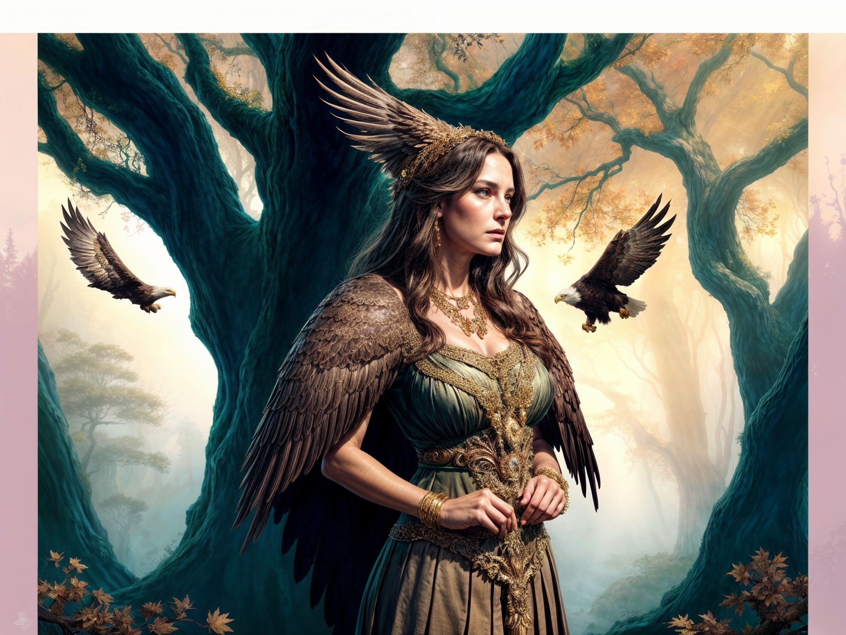 Majestic figure in mystical forest with feathered wings