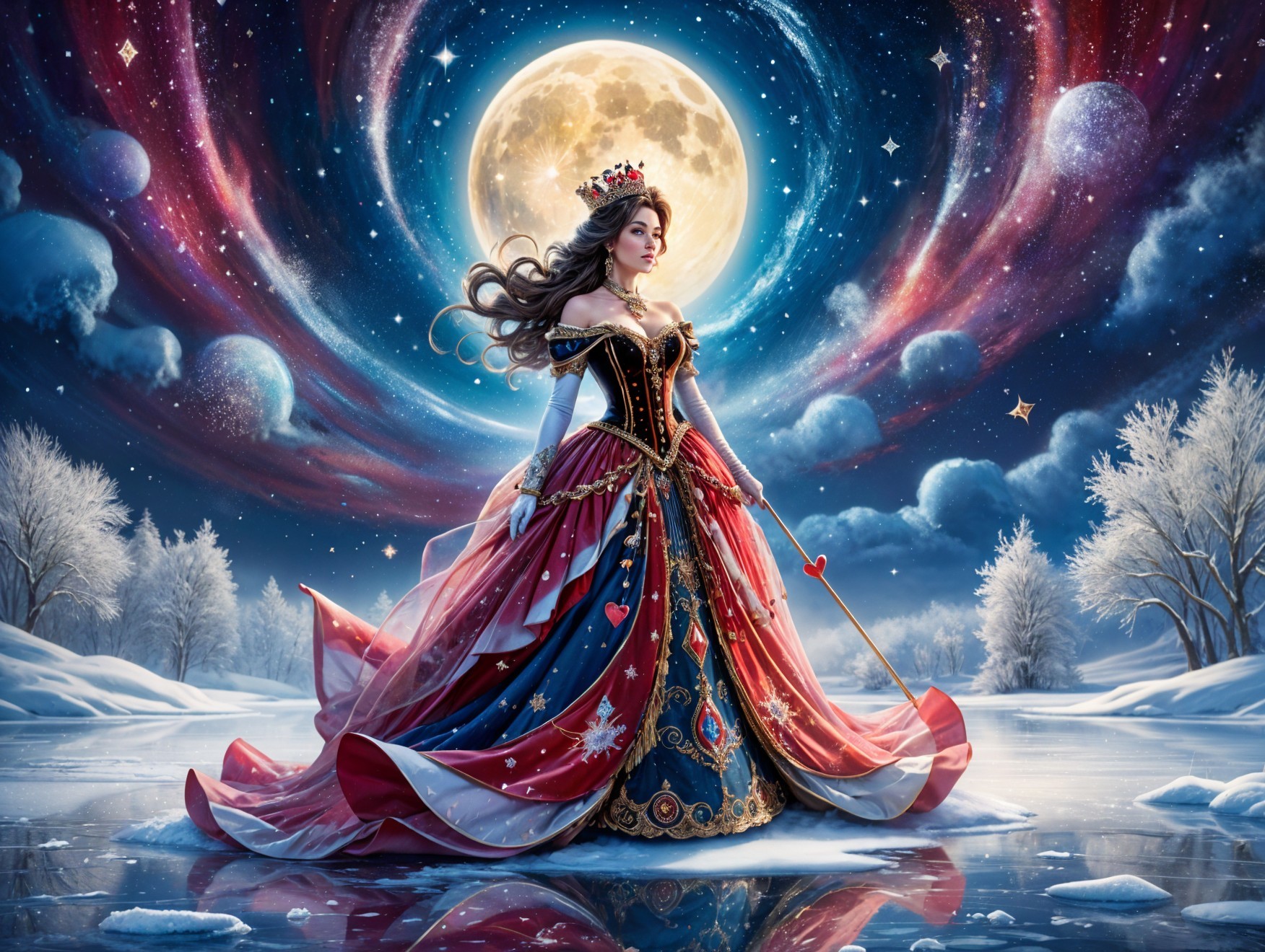 Regal Figure in Celestial Gown on Frozen Lake