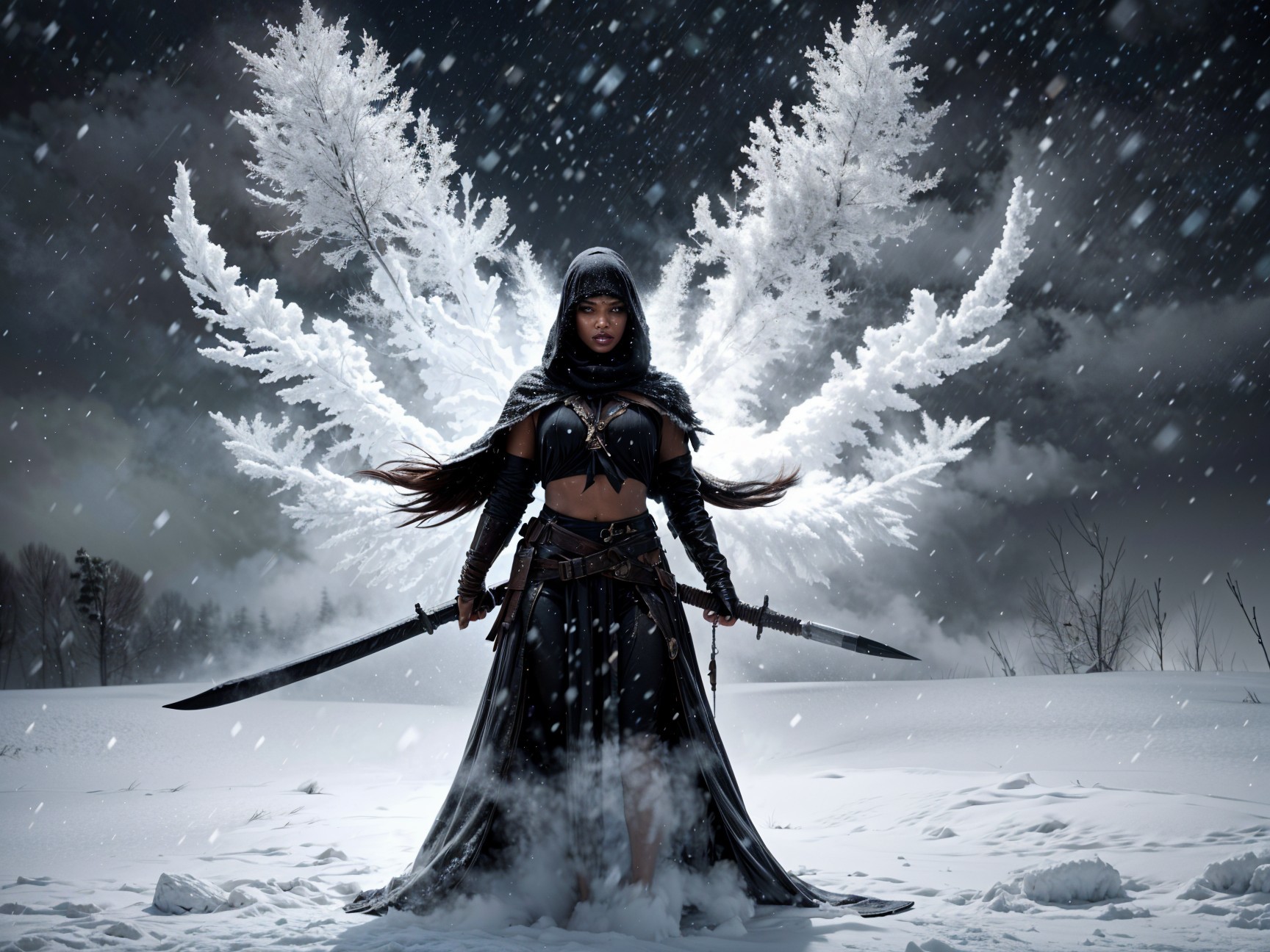 Mysterious warrior in snowy landscape with white wings