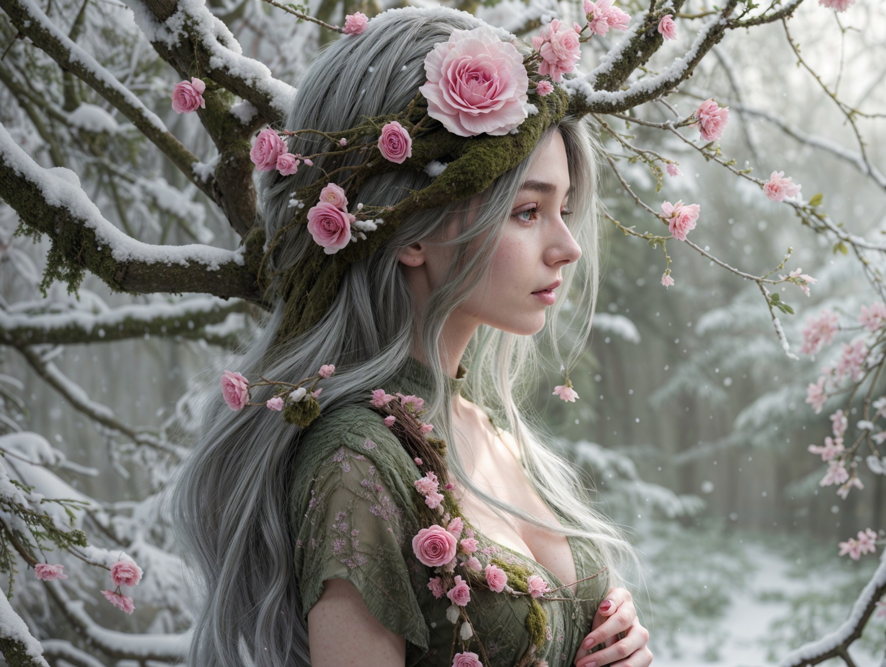 Serene Woman in Green Gown Surrounded by Snowy Forest