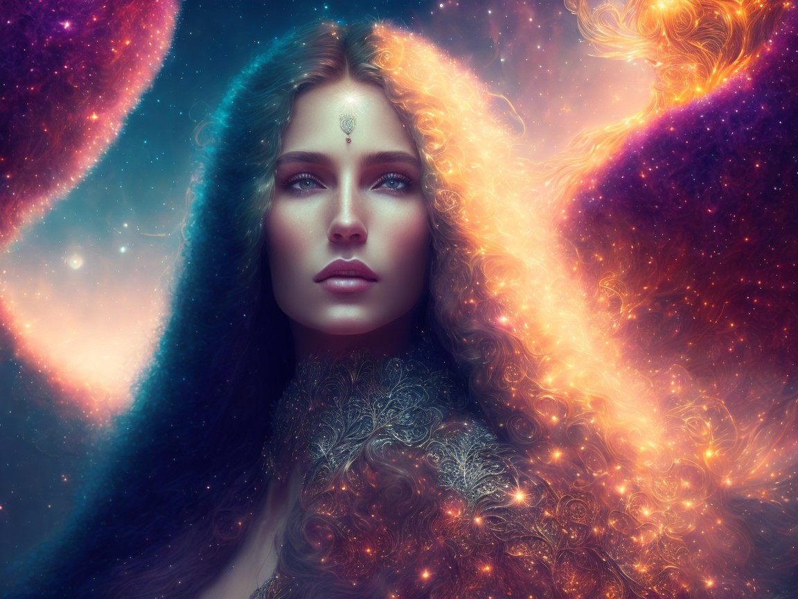 Colorful Cosmic Figure with Ethereal Glow and Patterns