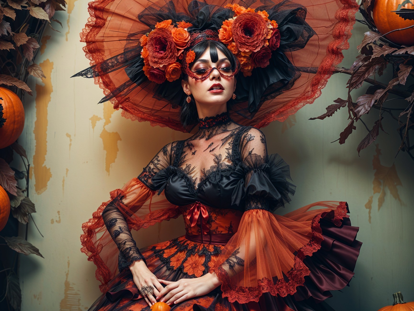 Gothic-Inspired Outfit with Floral Patterns and Hat