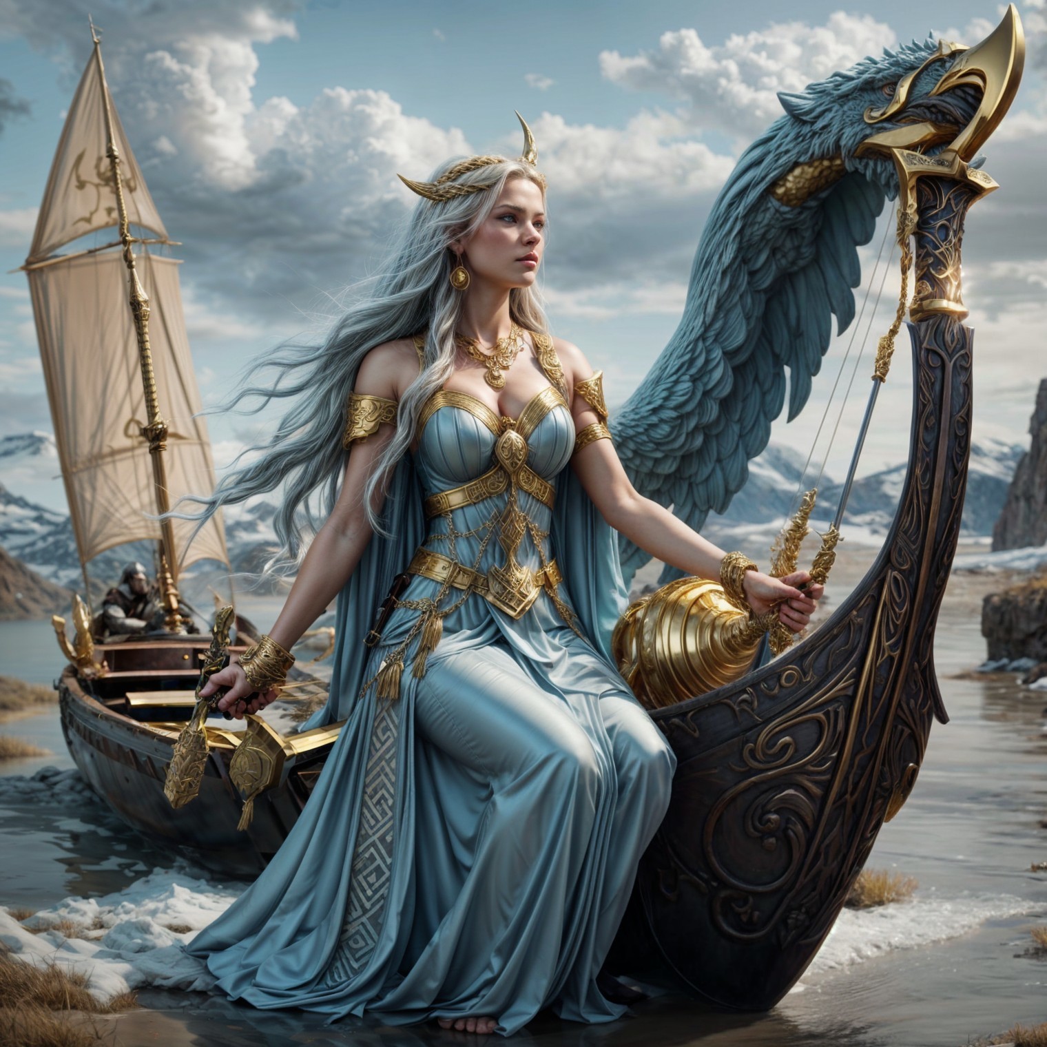 Majestic figure on intricately designed ship at sea