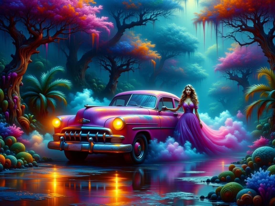 Vintage Pink Car in a Surreal Colorful Landscape