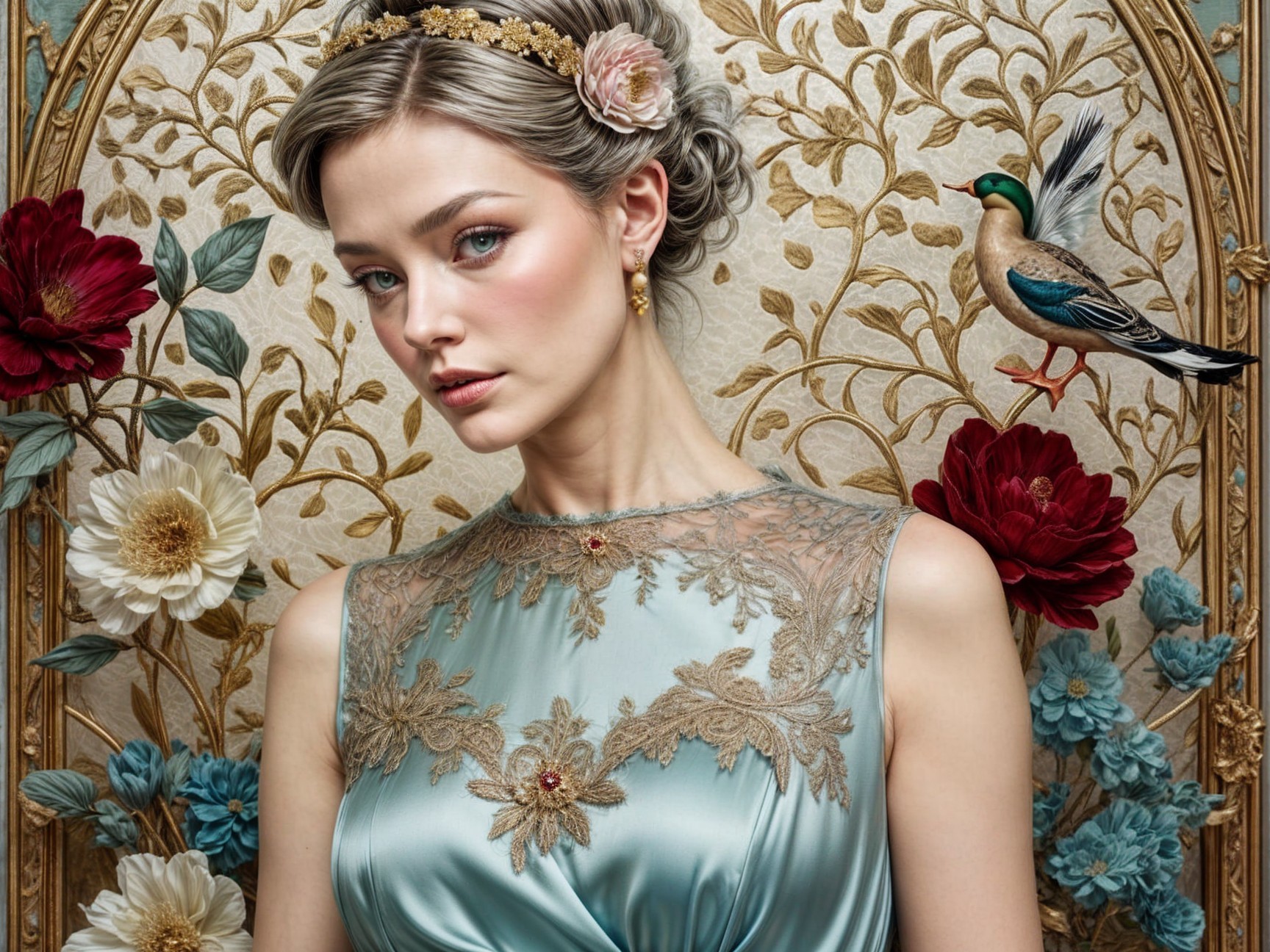 Elegant Woman in Blue Gown with Floral Backdrop