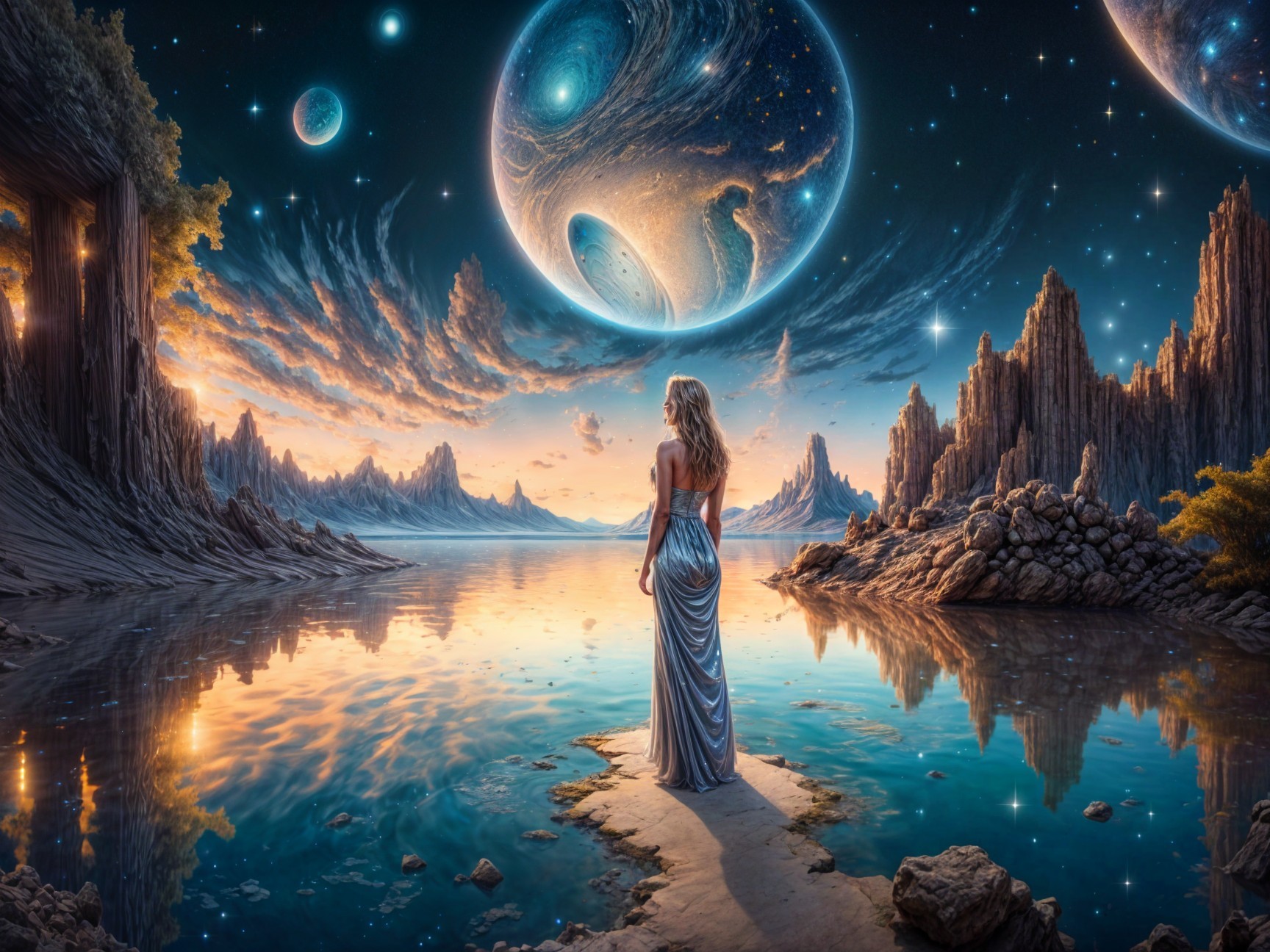 Woman in silver gown by serene lake at sunset