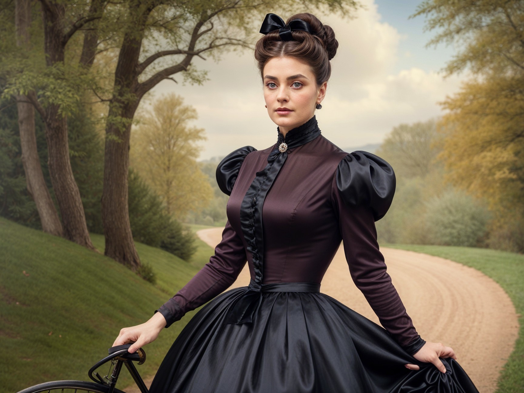 Elegant woman in vintage black dress by bicycle