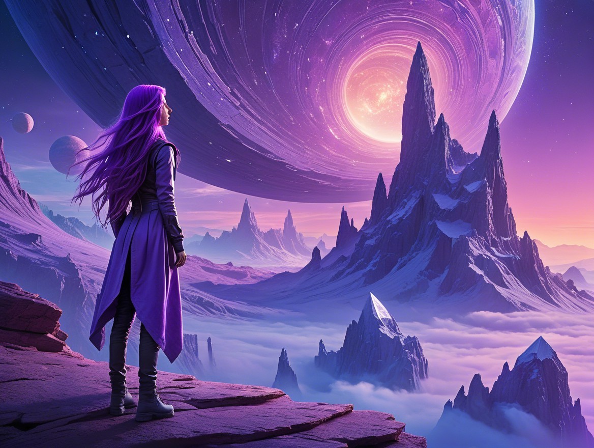 Mystical Landscape with Purple Sky and Celestial Bodies