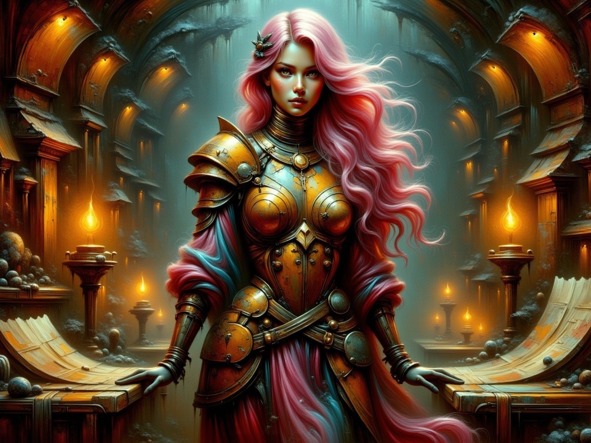 Warrior in Golden Armor with Pink Hair in Ancient Chamber