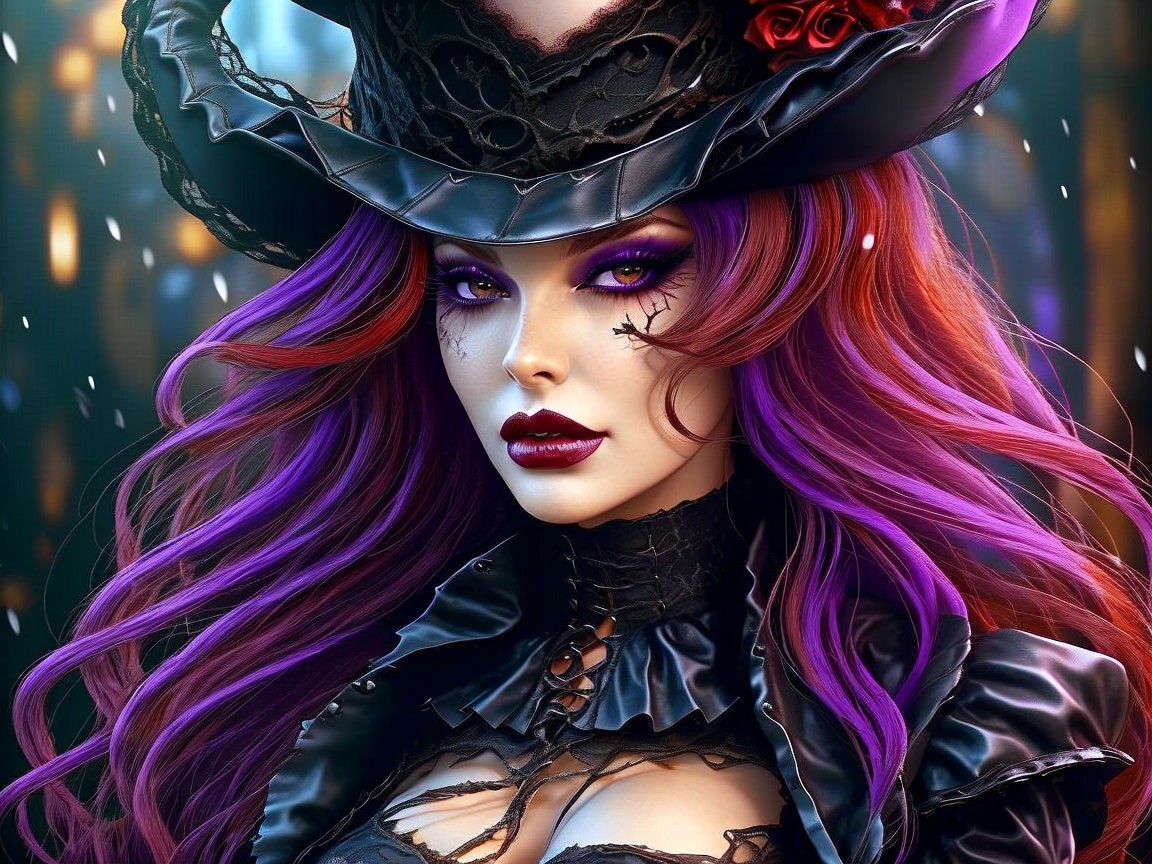 Character with Purple and Red Hair in Black Attire
