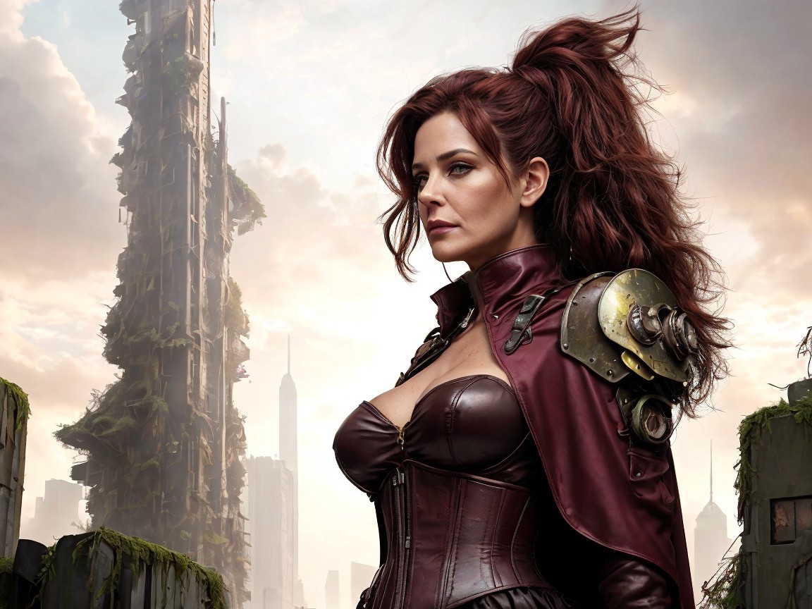 Woman in Regal Outfit Against Futuristic Cityscape