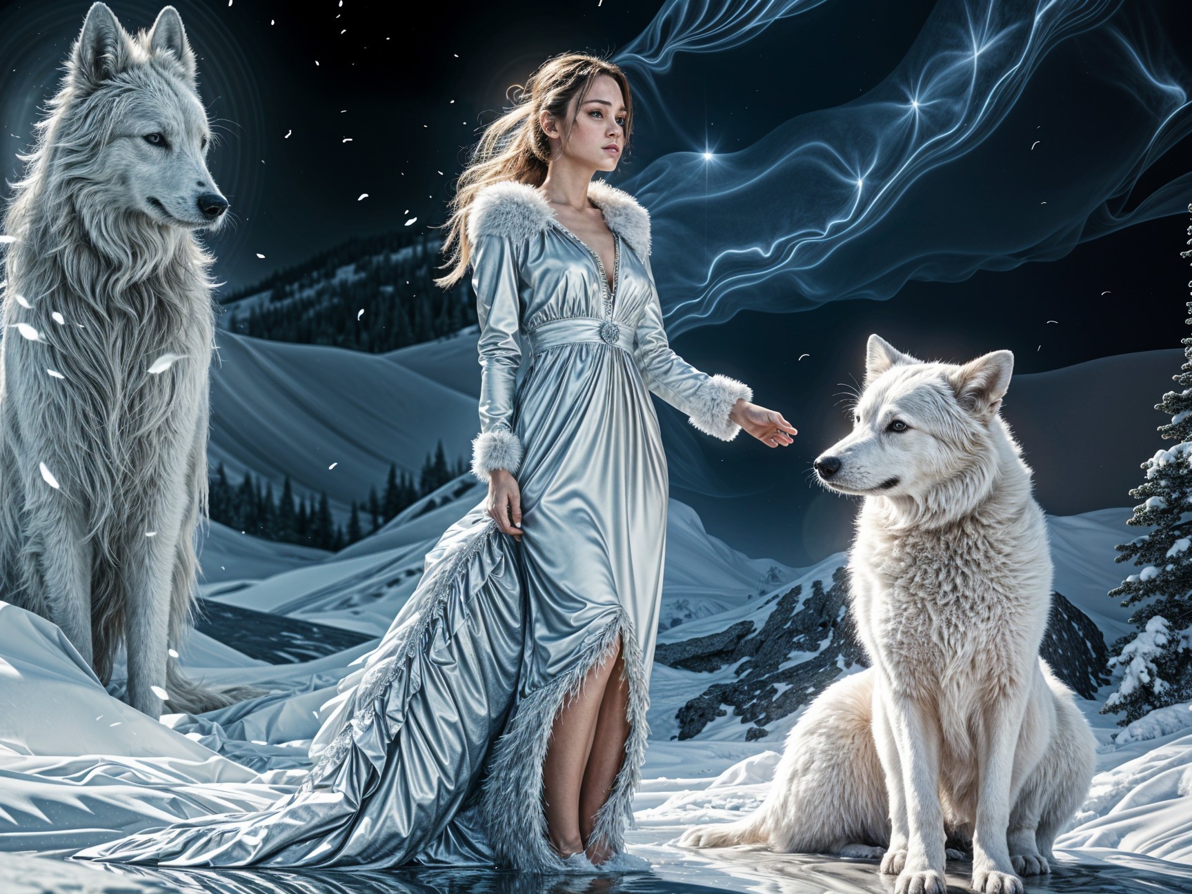 Ice Queen in Silver Gown with White Wolves in Snowy Scene