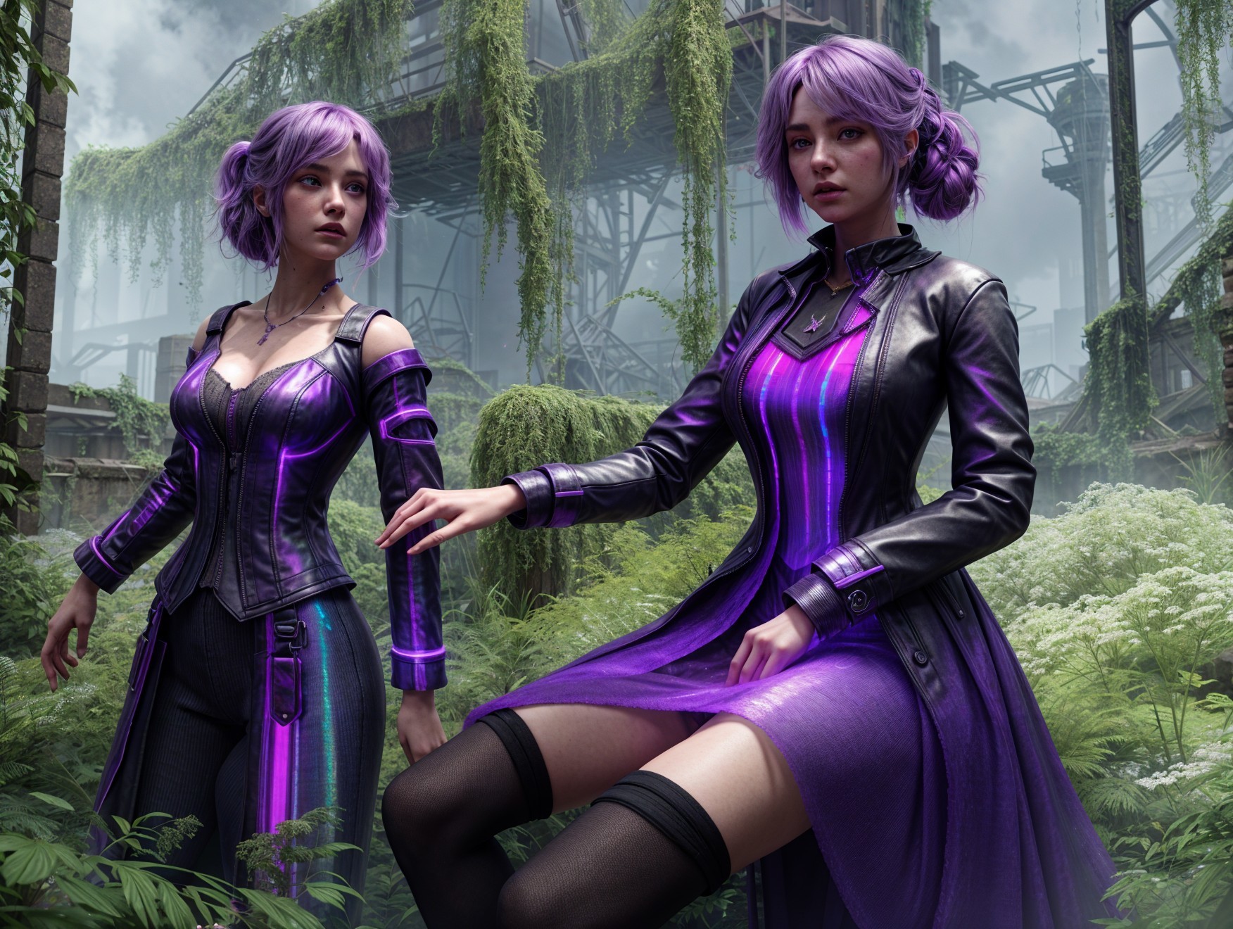 Futuristic Women in Lush Overgrown Environment