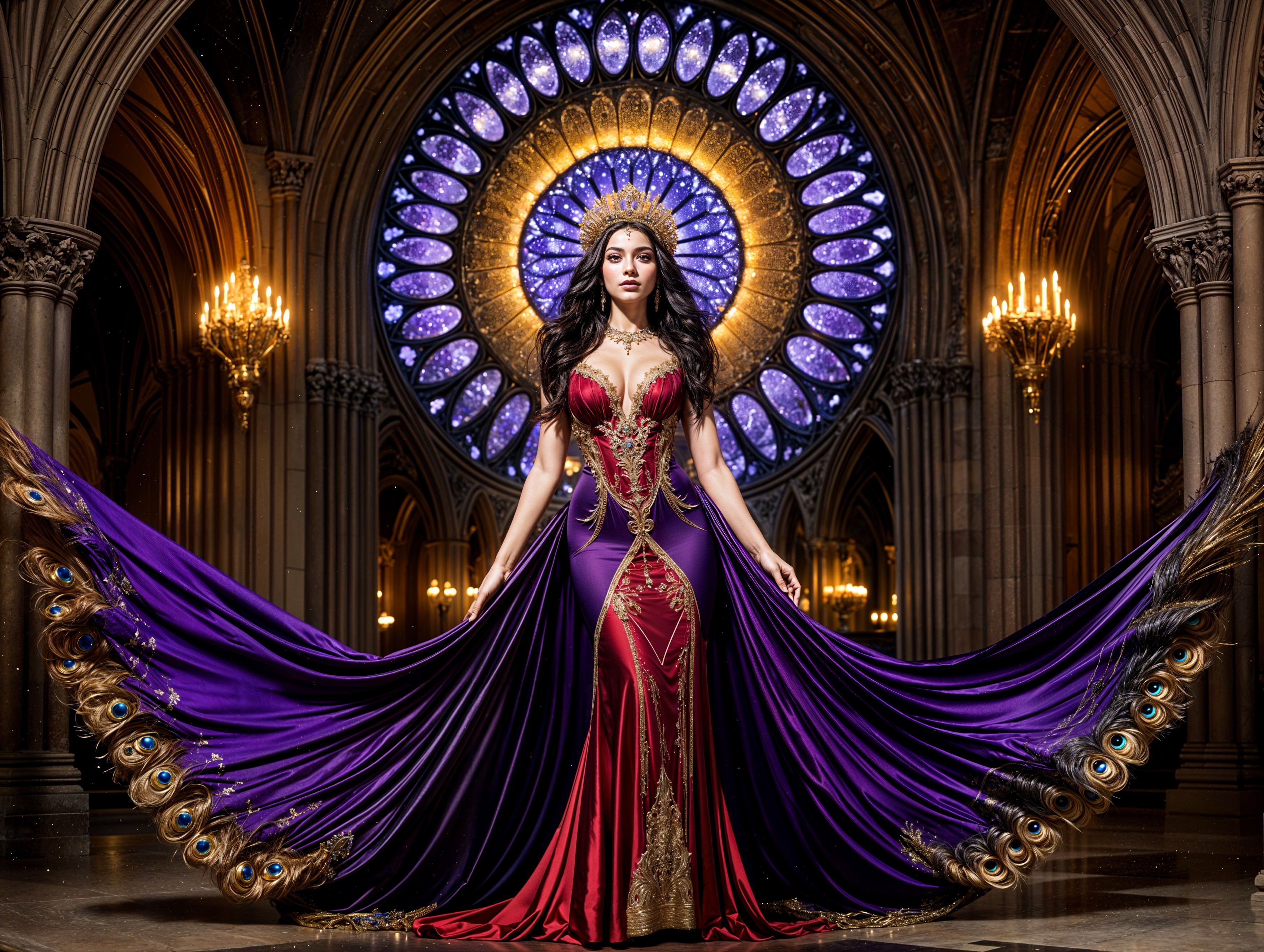 Elegant woman in luxurious red and purple gown