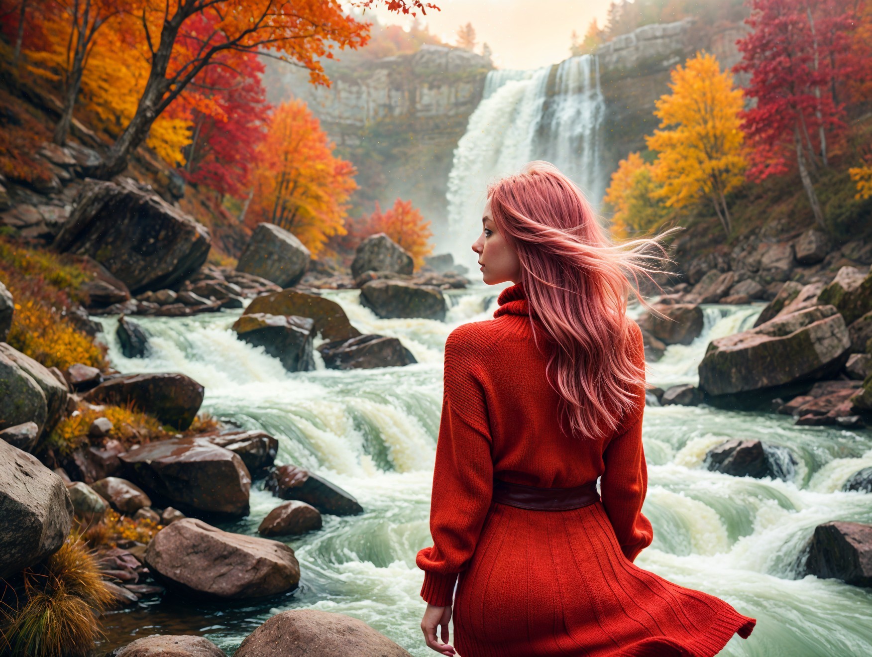 Woman with Pink Hair at Autumn Waterfall Scene