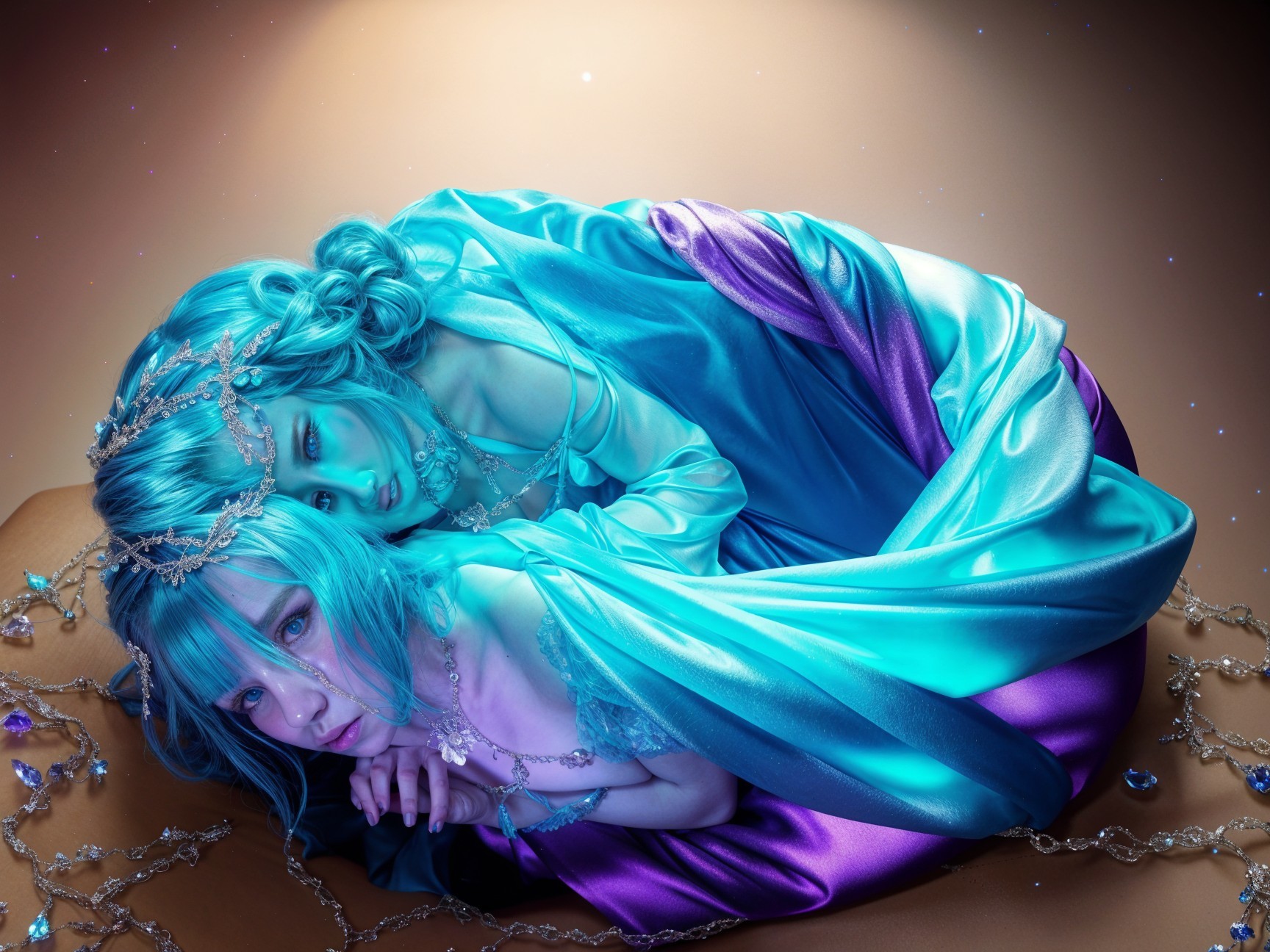 Ethereal Figures in Vibrant Fabrics and Soft Glow