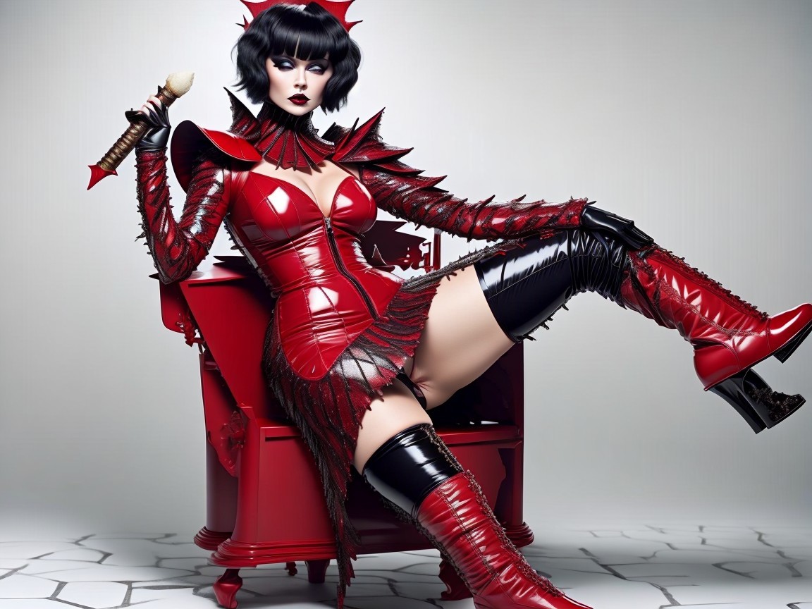 Figure in Spiky Costume on Red Throne with Bold Makeup